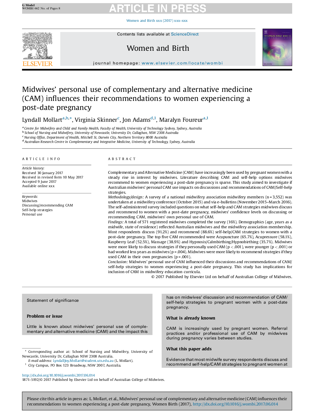 Midwives' personal use of complementary and alternative medicine (CAM) influences their recommendations to women experiencing a post-date pregnancy