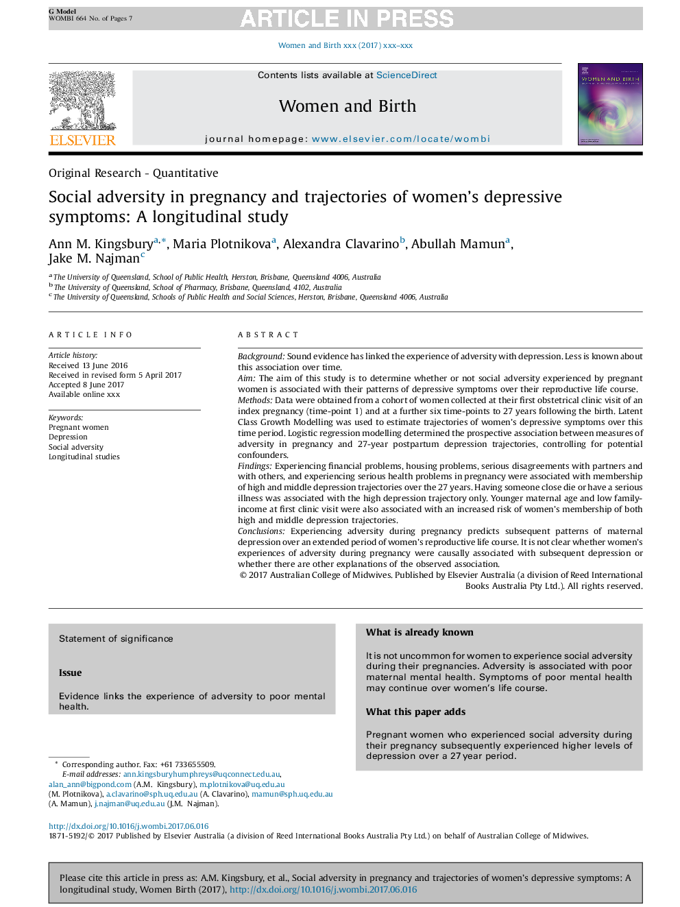 Social adversity in pregnancy and trajectories of women's depressive symptoms: A longitudinal study