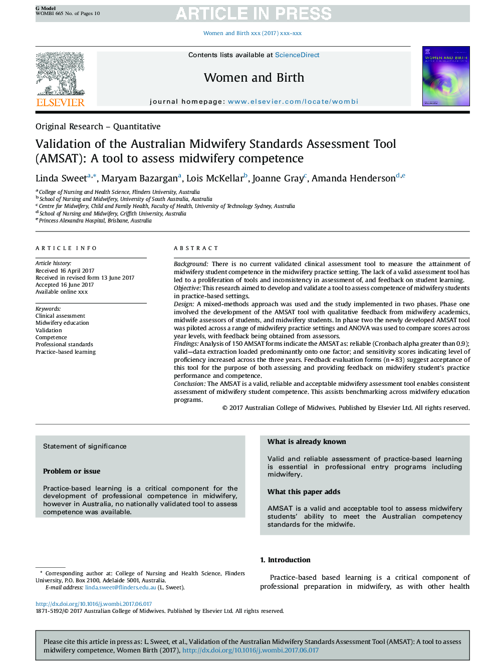 Validation of the Australian Midwifery Standards Assessment Tool (AMSAT): A tool to assess midwifery competence