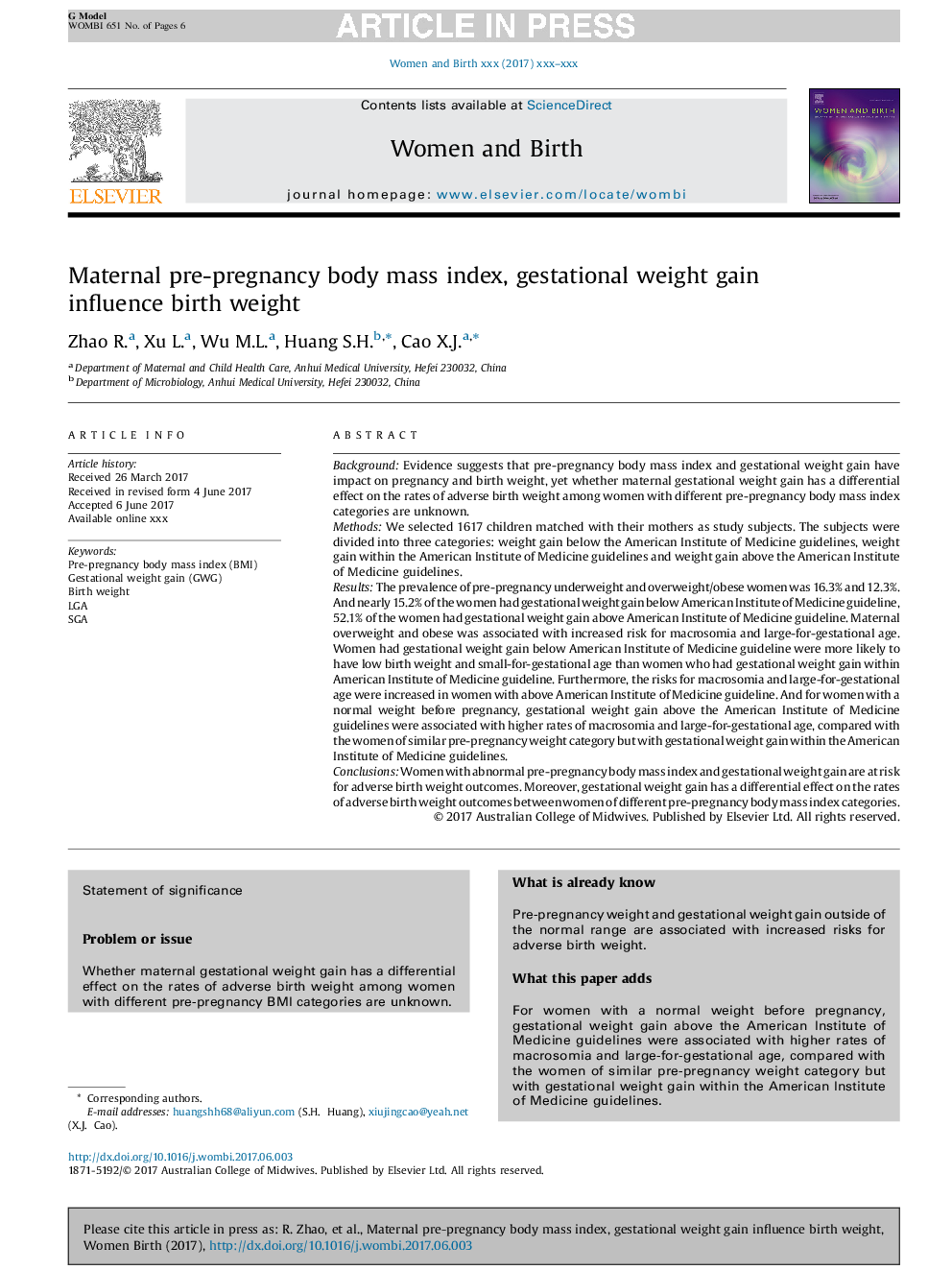 Maternal pre-pregnancy body mass index, gestational weight gain influence birth weight