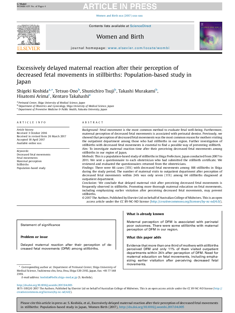 Excessively delayed maternal reaction after their perception of decreased fetal movements in stillbirths: Population-based study in Japan