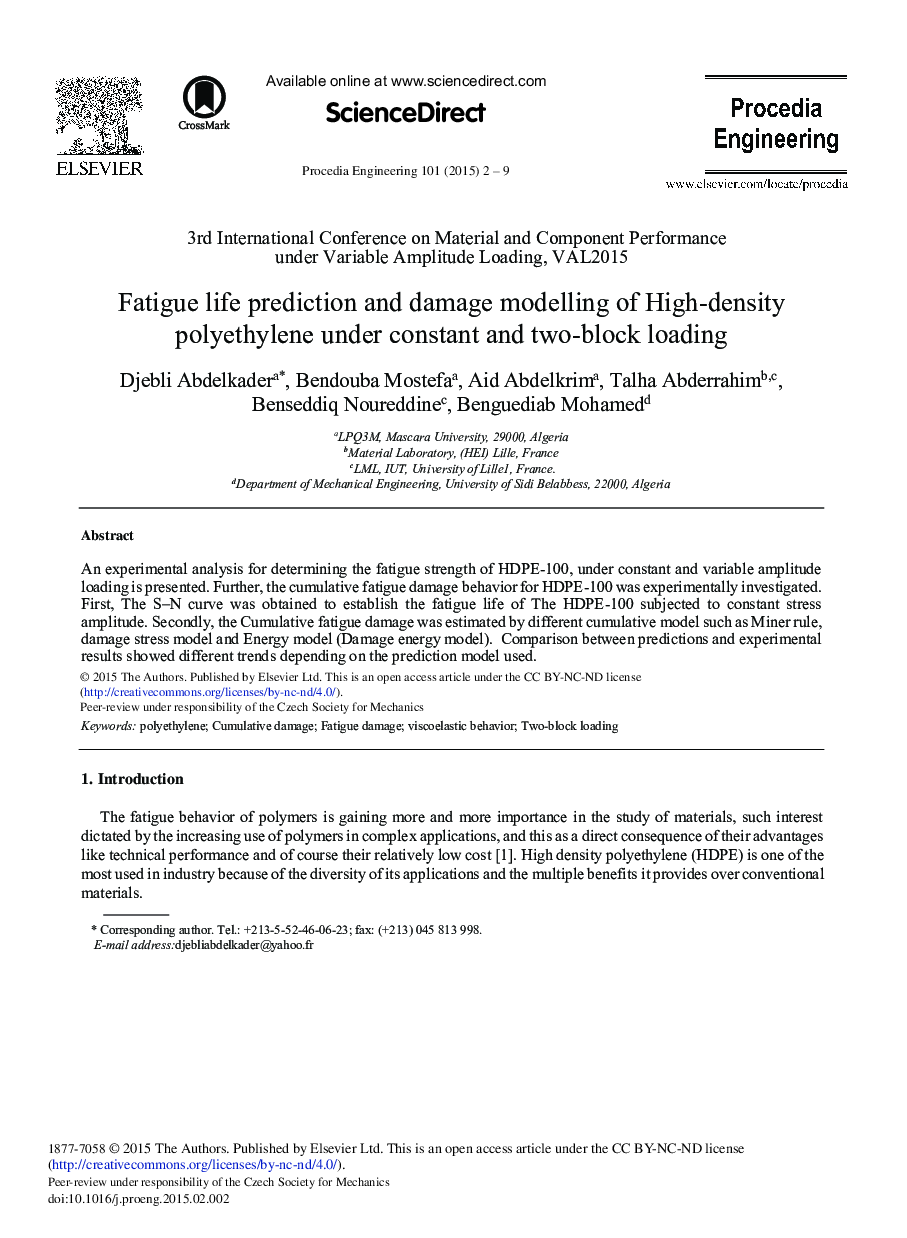 Fatigue Life Prediction and Damage Modelling of High-density Polyethylene under Constant and Two-block Loading 