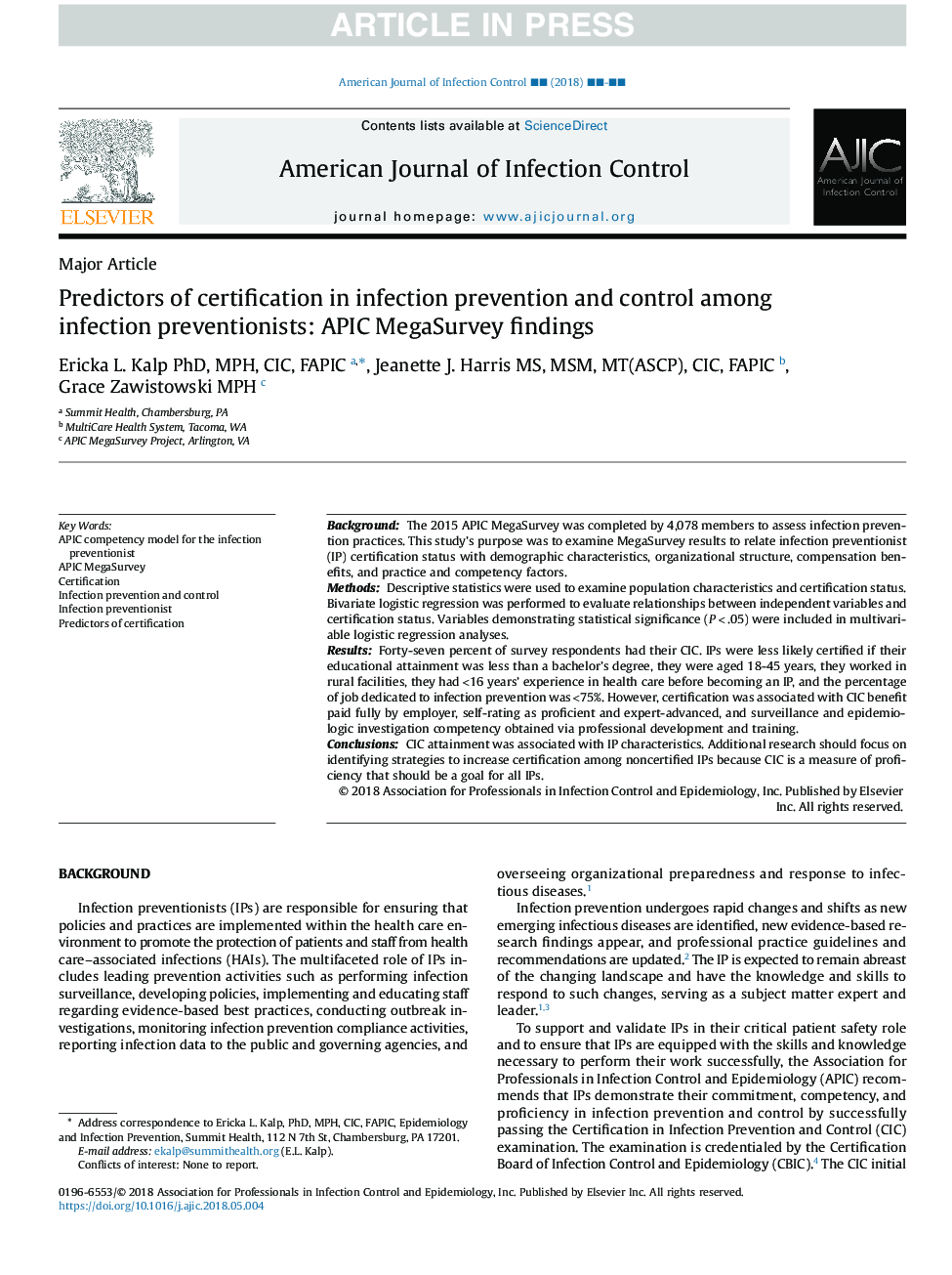 Predictors of certification in infection prevention and control among infection preventionists: APIC MegaSurvey findings