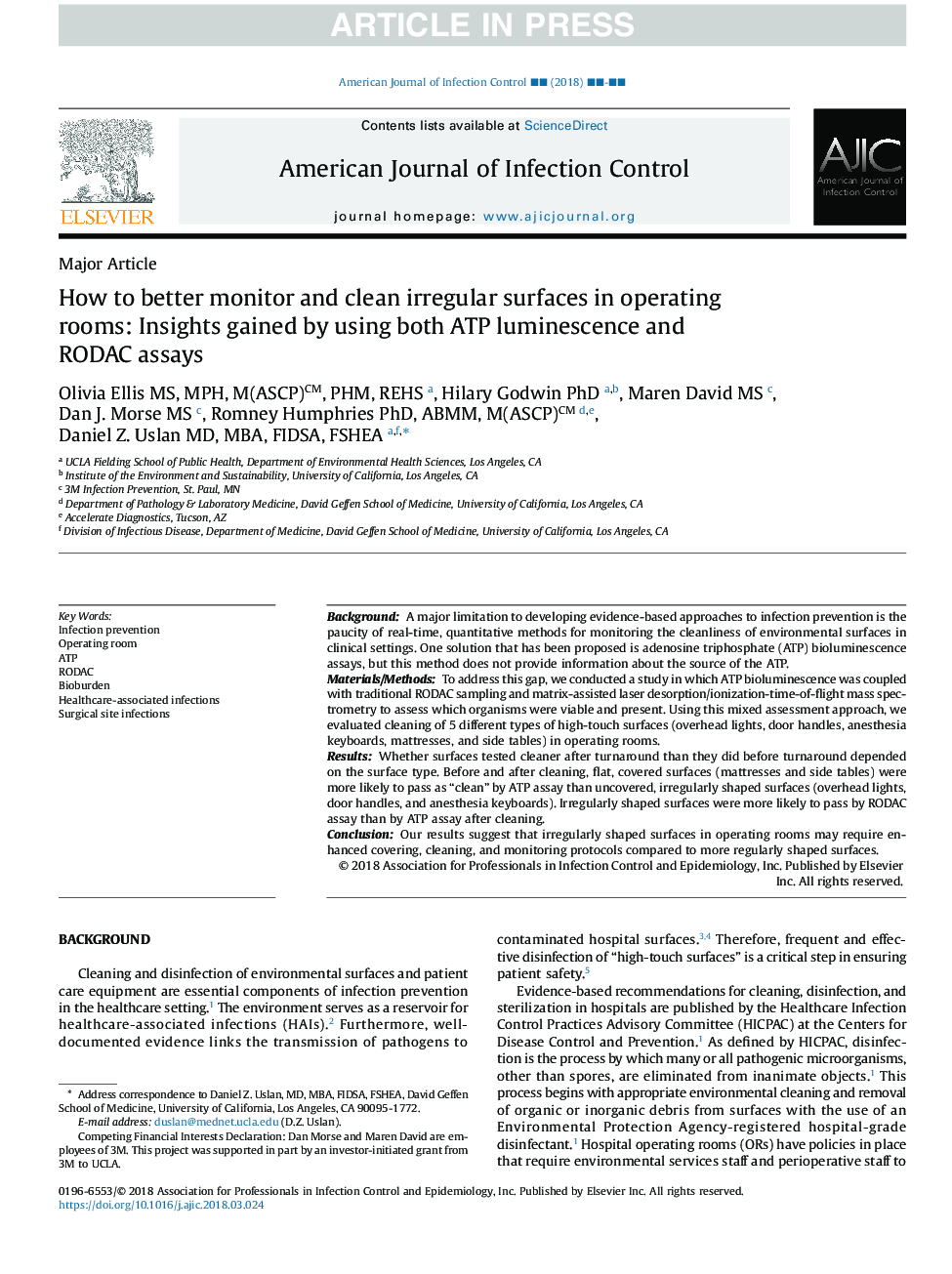 How to better monitor and clean irregular surfaces in operating rooms: Insights gained by using both ATP luminescence and RODAC assays