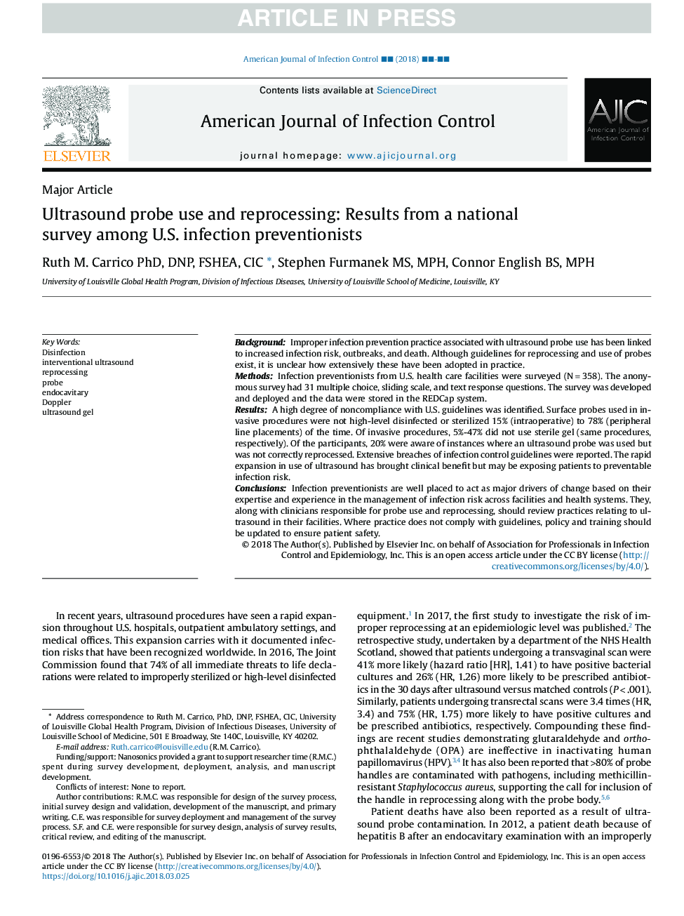 Ultrasound probe use and reprocessing: Results from a national survey among U.S. infection preventionists