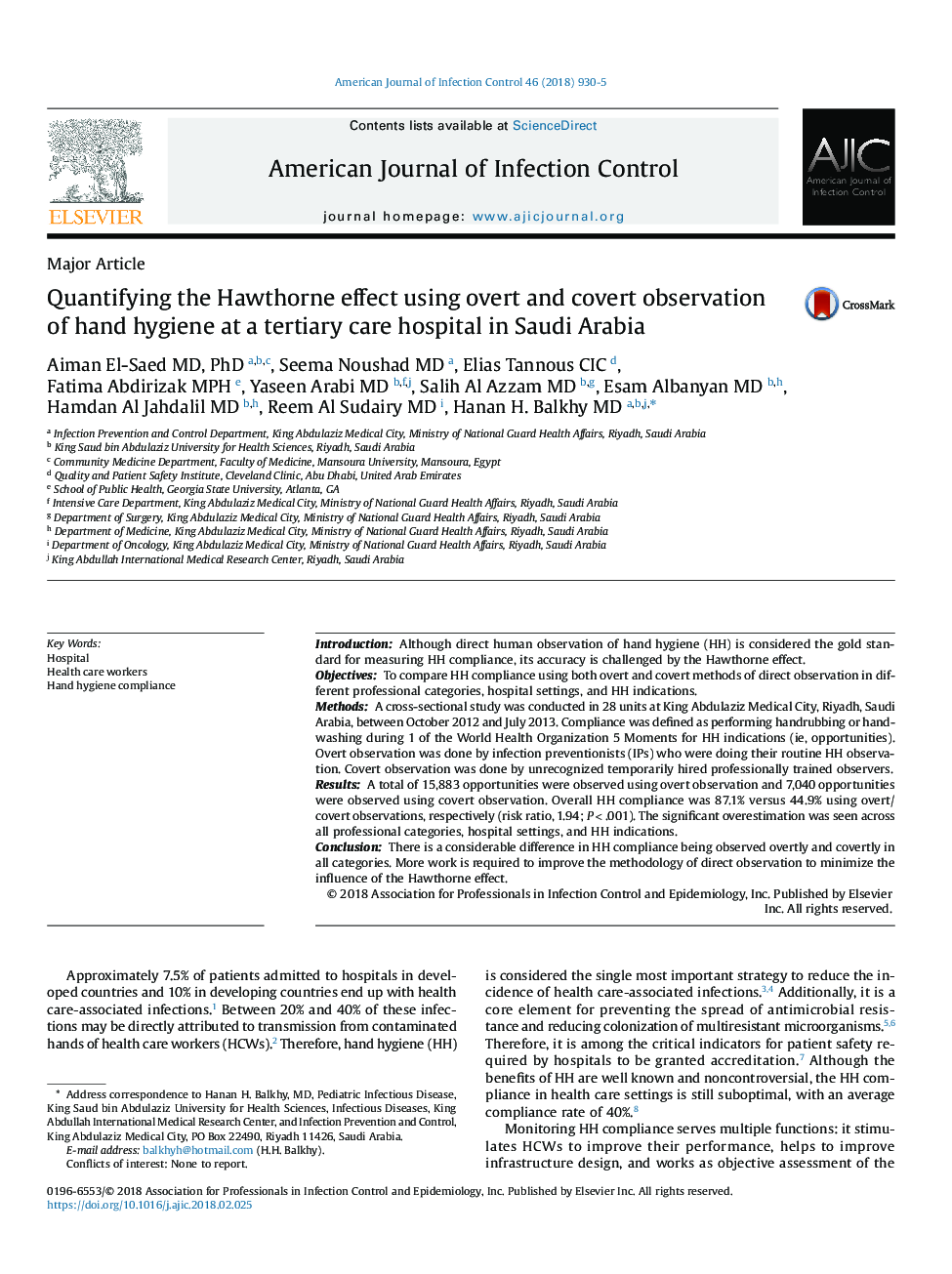 Quantifying the Hawthorne effect using overt and covert observation of hand hygiene at a tertiary care hospital in Saudi Arabia