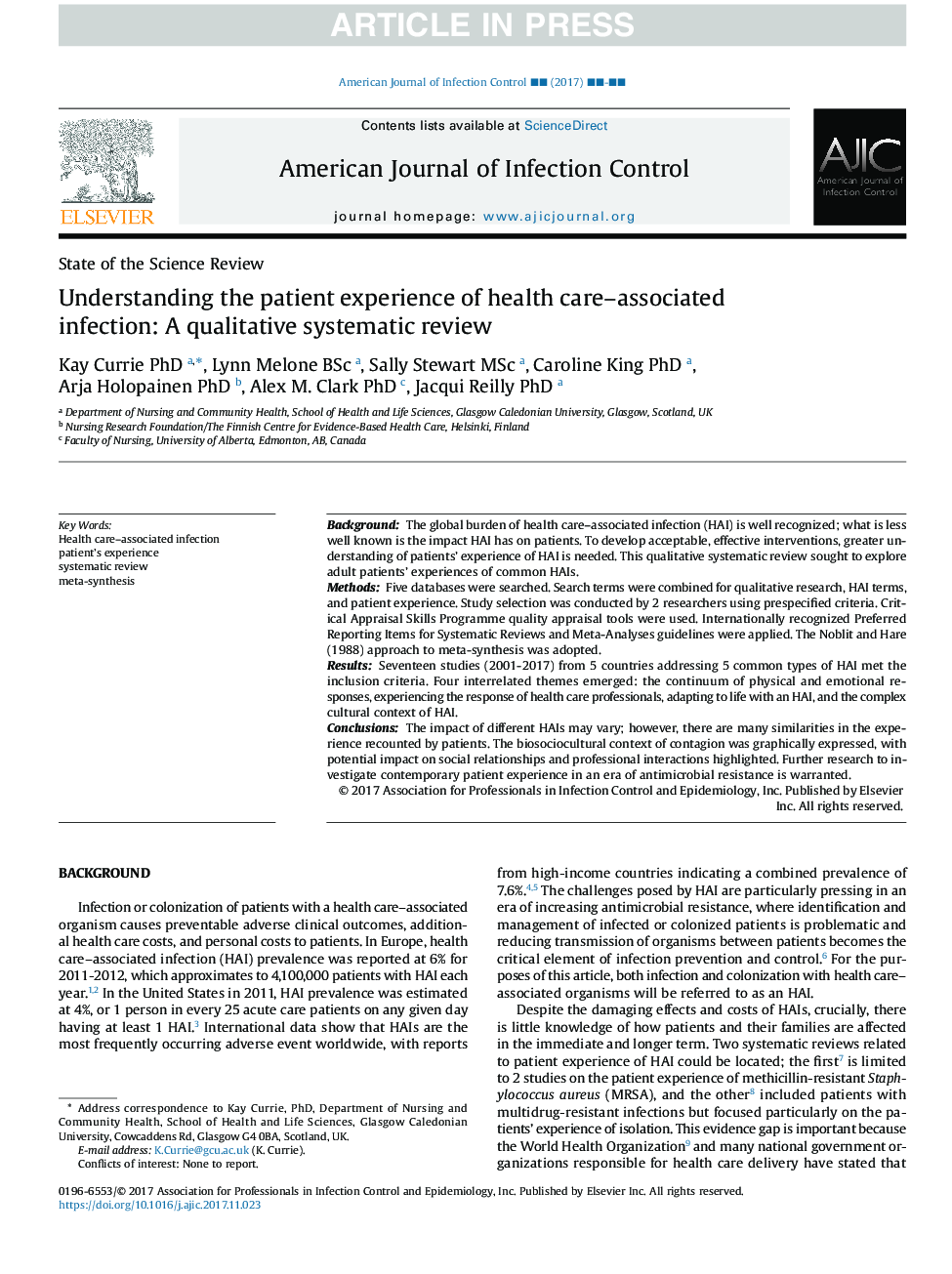 Understanding the patient experience of health care-associated infection: A qualitative systematic review