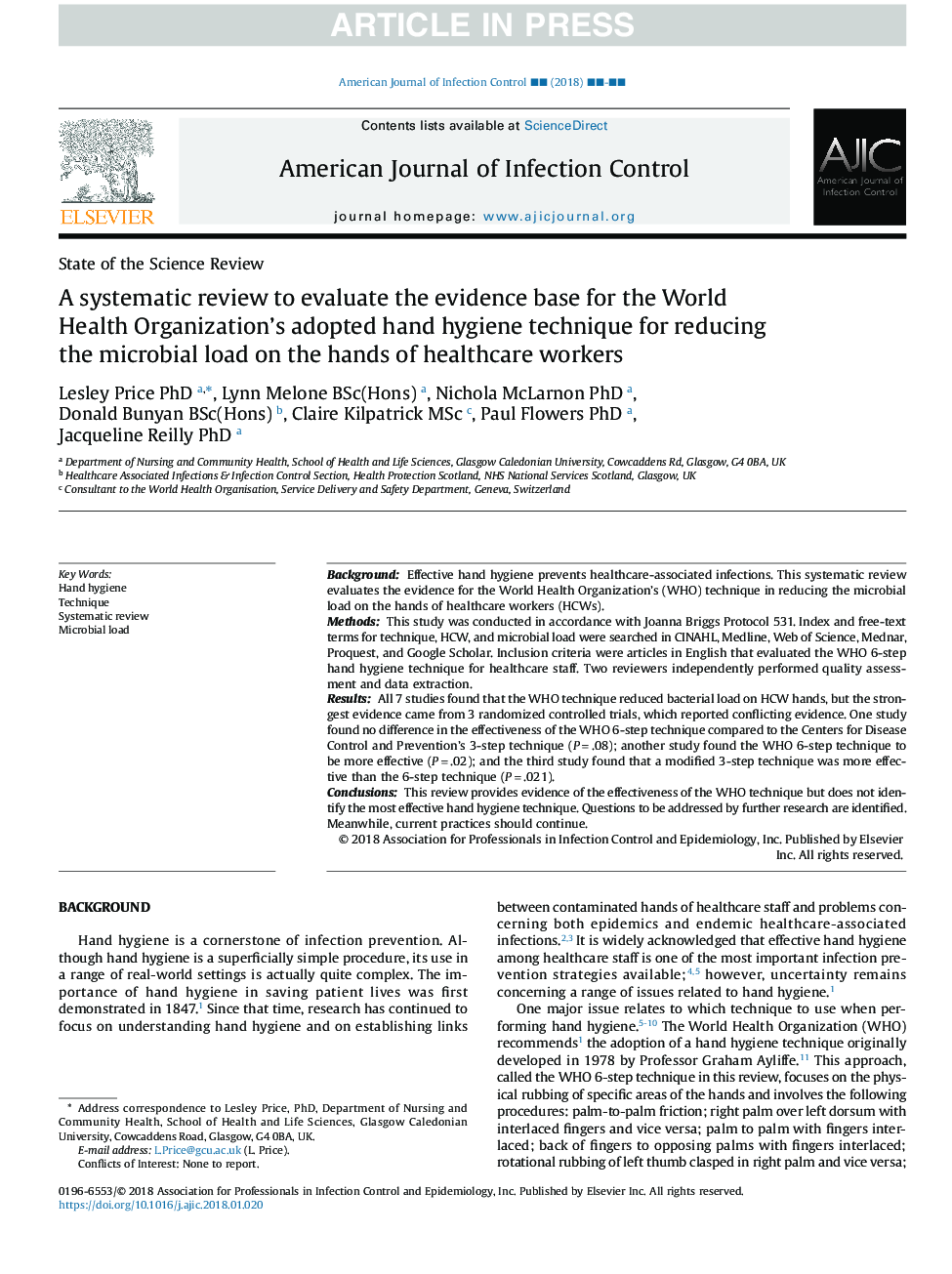 A systematic review to evaluate the evidence base for the World Health Organization's adopted hand hygiene technique for reducing the microbial load on the hands of healthcare workers