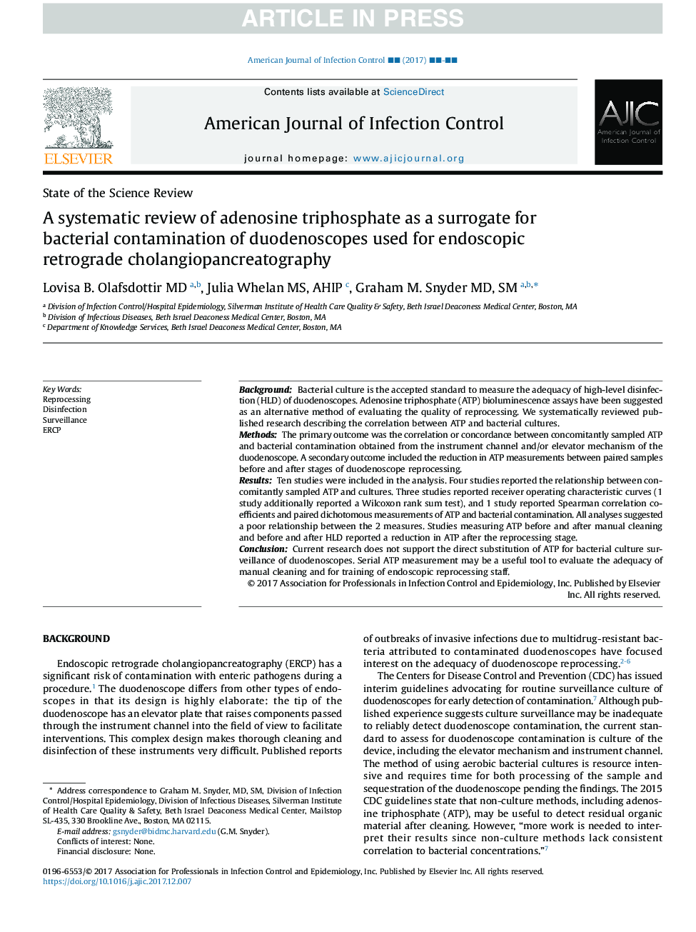 A systematic review of adenosine triphosphate as a surrogate for bacterial contamination of duodenoscopes used for endoscopic retrograde cholangiopancreatography