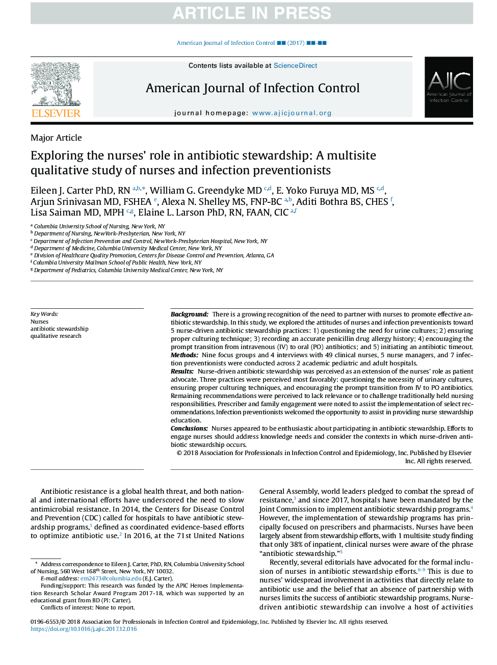 Exploring the nurses' role in antibiotic stewardship: A multisite qualitative study of nurses and infection preventionists
