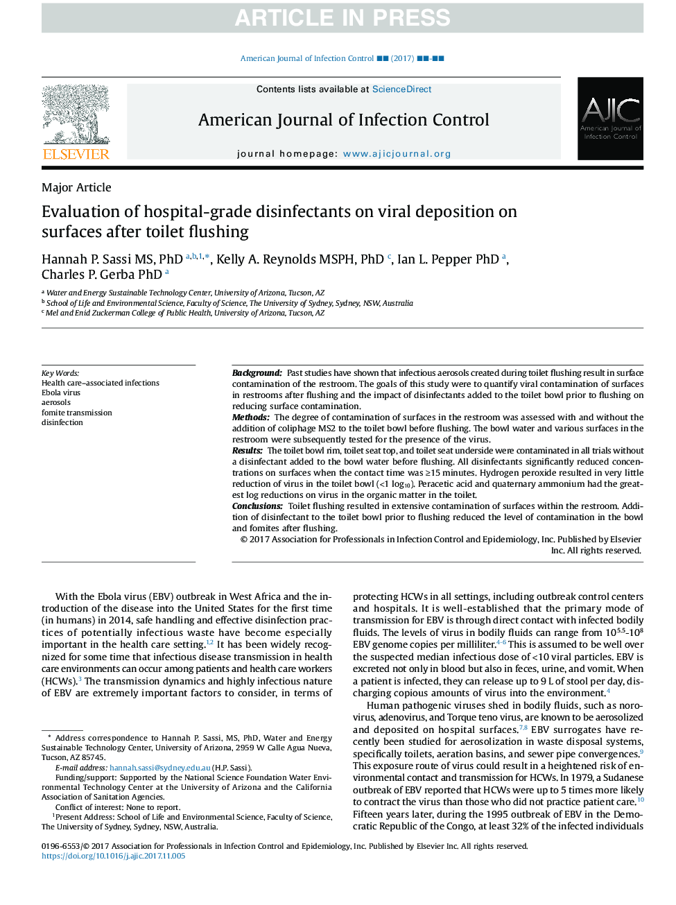 Evaluation of hospital-grade disinfectants on viral deposition on surfaces after toilet flushing