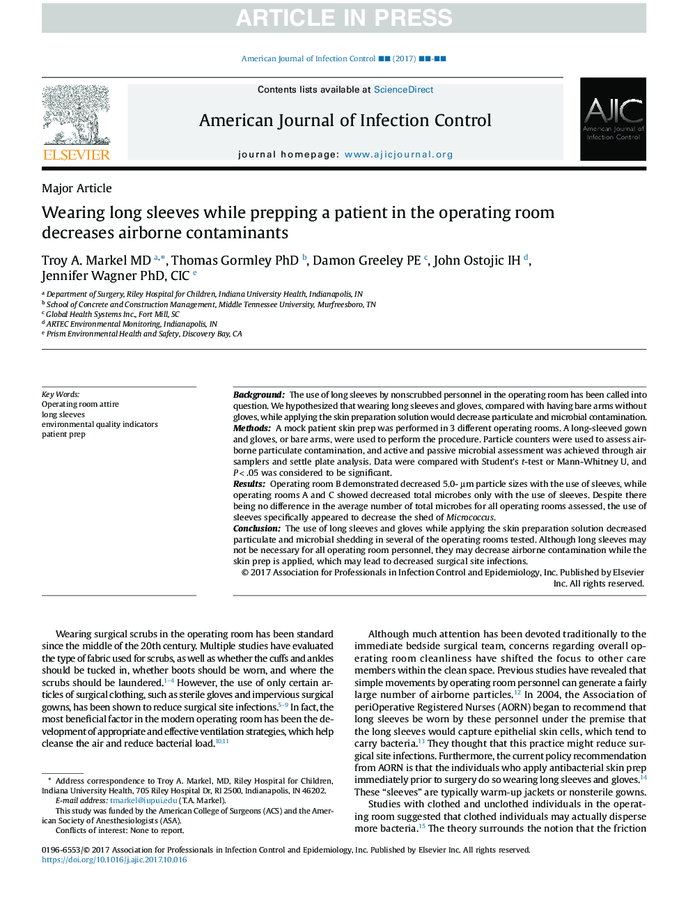 Wearing long sleeves while prepping a patient in the operating room decreases airborne contaminants