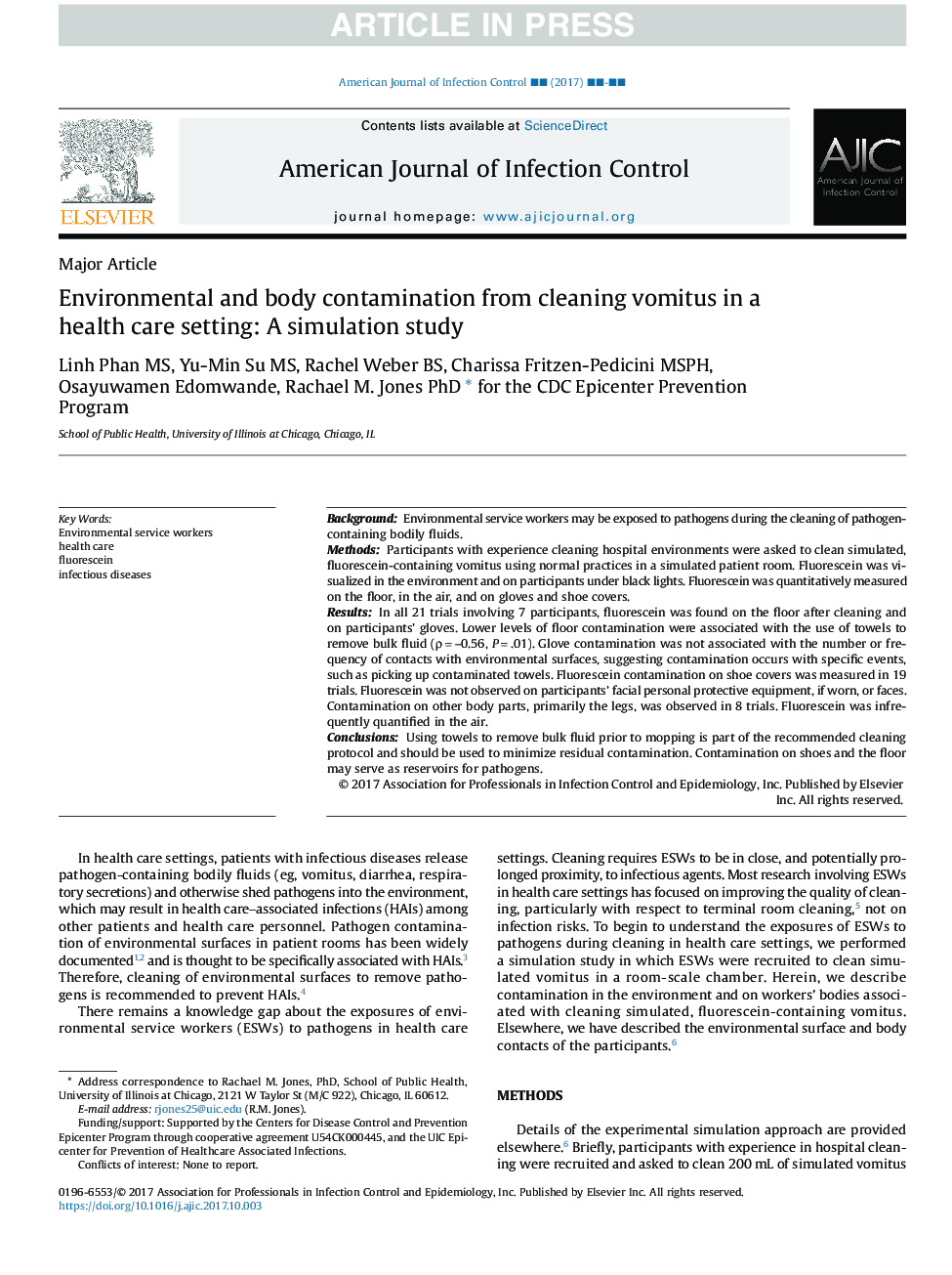 Environmental and body contamination from cleaning vomitus in a health care setting: A simulation study