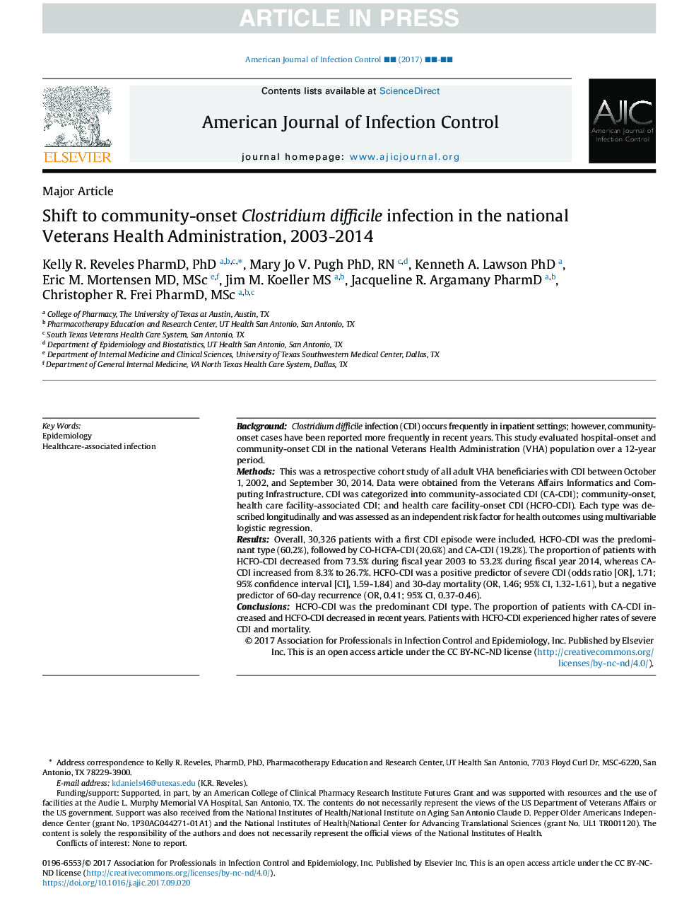 Shift to community-onset Clostridium difficile infection in the national Veterans Health Administration, 2003-2014