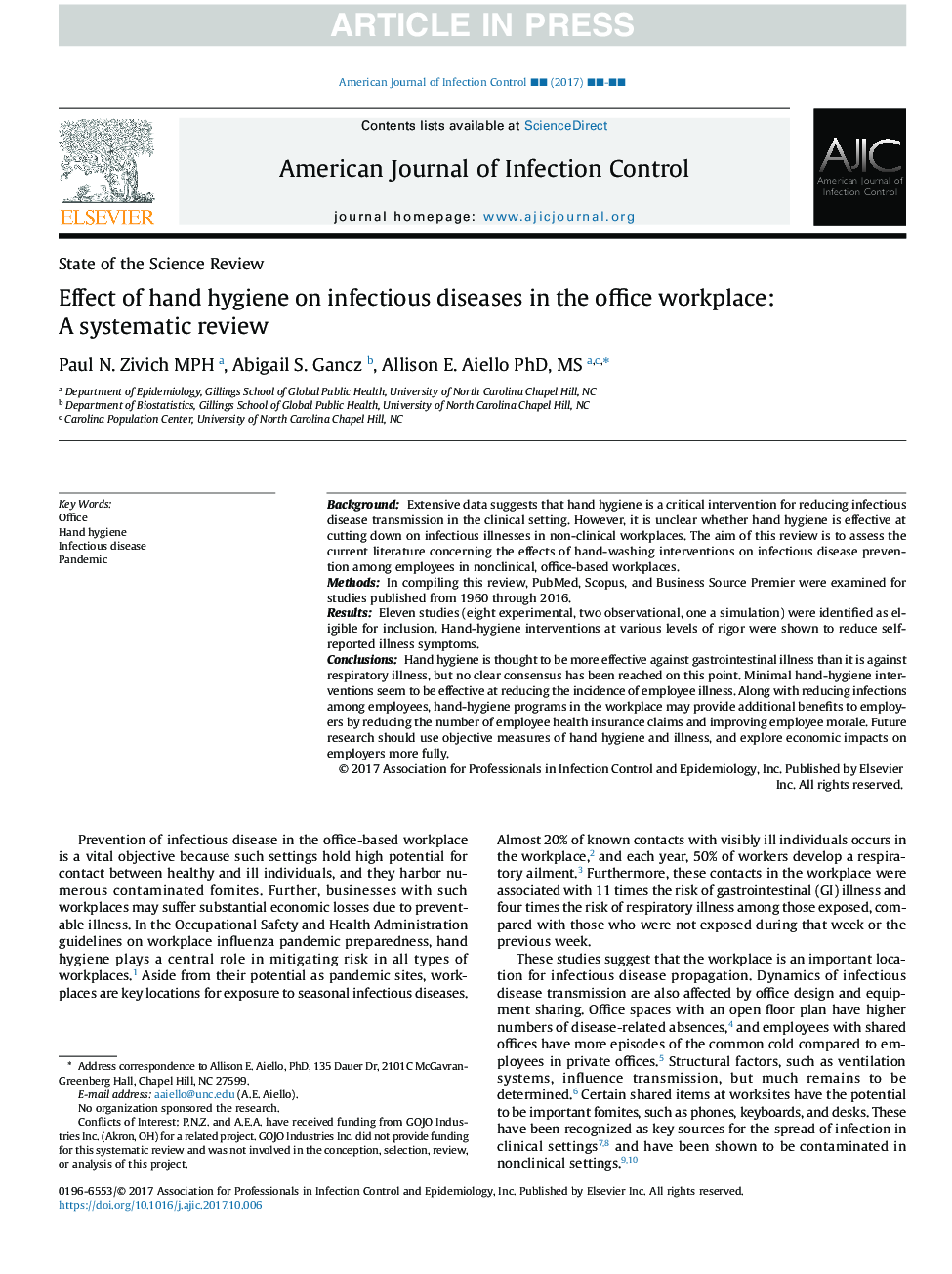 Effect of hand hygiene on infectious diseases in the office workplace: A systematic review