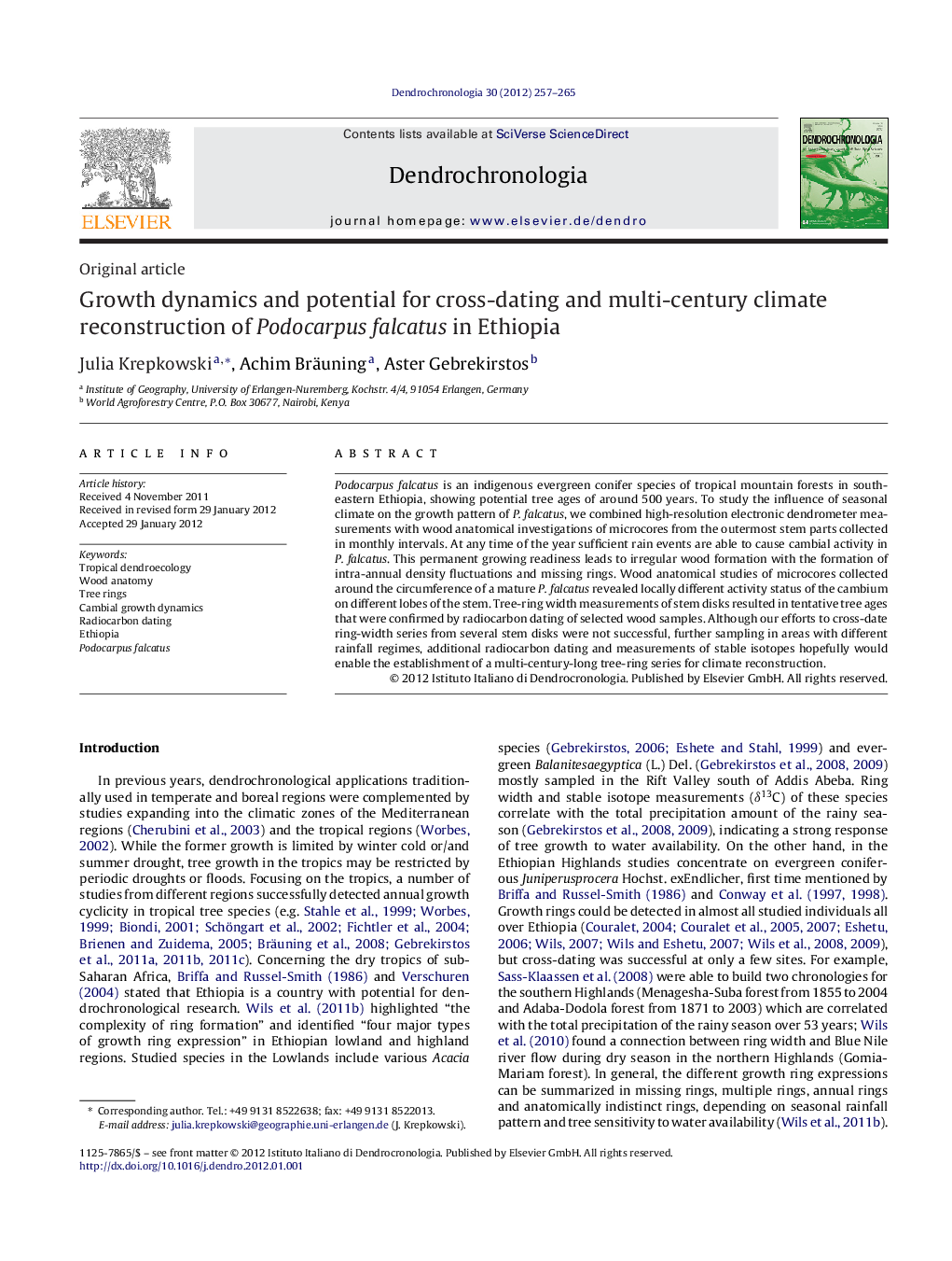 Growth dynamics and potential for cross-dating and multi-century climate reconstruction of Podocarpus falcatus in Ethiopia