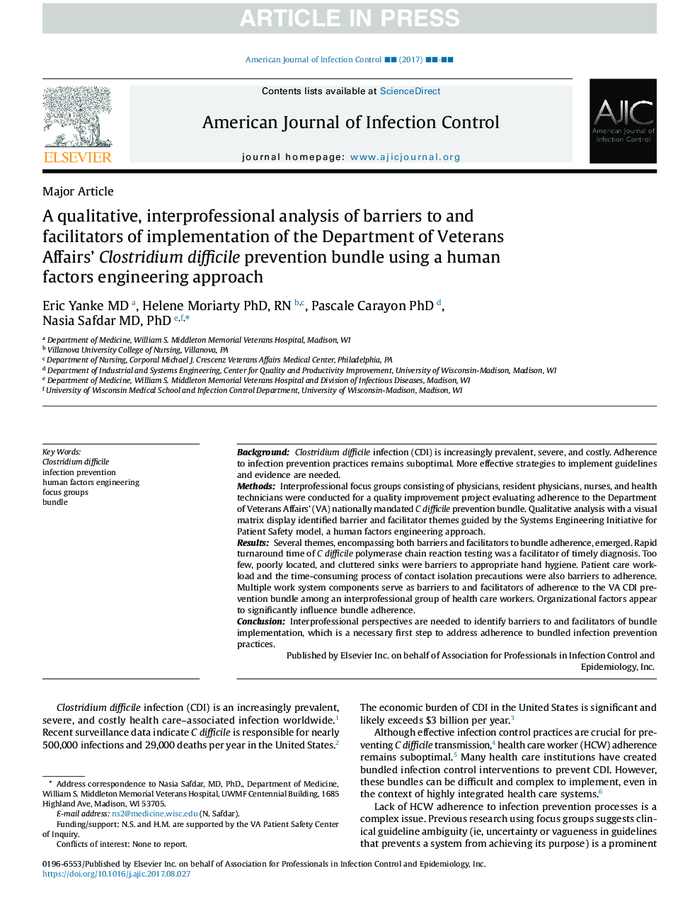 A qualitative, interprofessional analysis of barriers to and facilitators of implementation of the Department of Veterans Affairs' Clostridium difficile prevention bundle using a human factors engineering approach