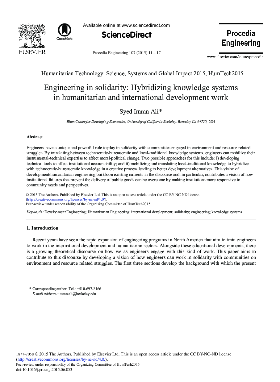 Engineering in Solidarity: Hybridizing Knowledge Systems in Humanitarian and International Development Work 