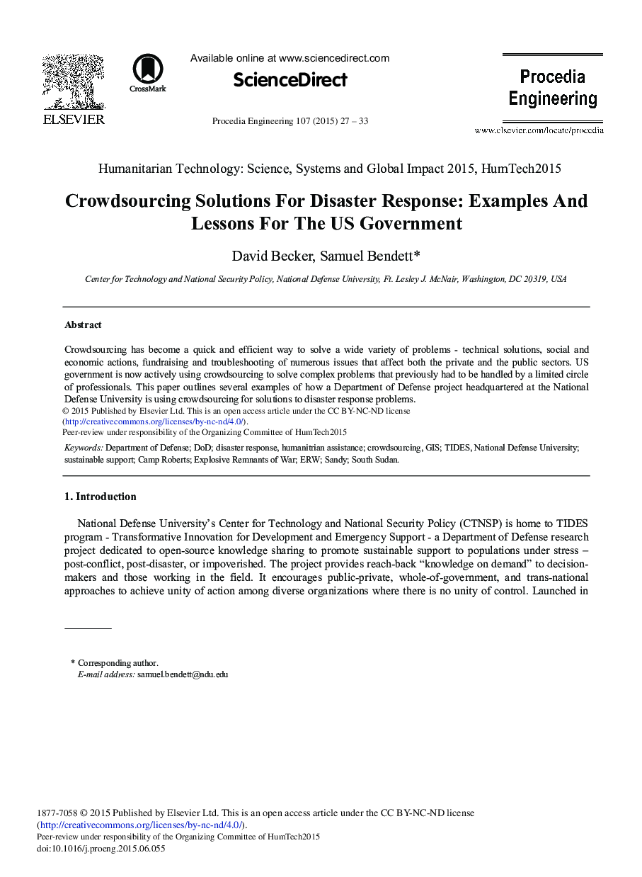 Crowdsourcing Solutions for Disaster Response: Examples and Lessons for the US Government 