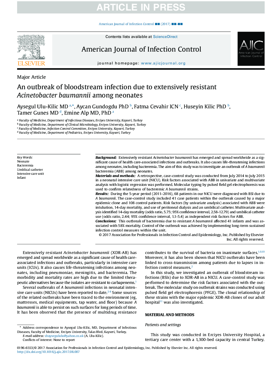 An outbreak of bloodstream infection due to extensively resistant Acinetobacter baumannii among neonates