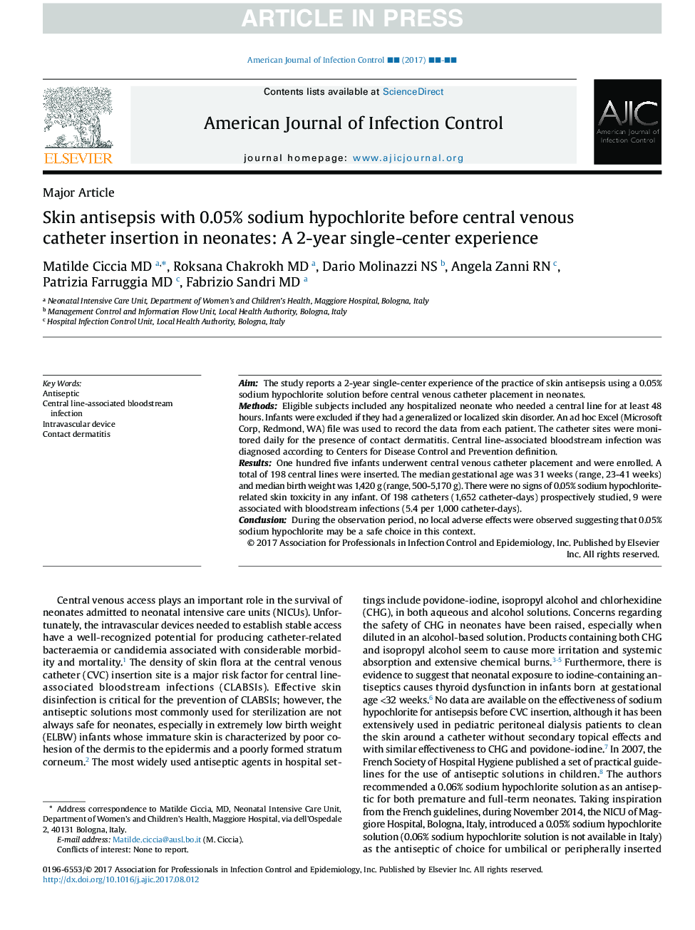 Skin antisepsis with 0.05% sodium hypochlorite before central venous catheter insertion in neonates: A 2-year single-center experience