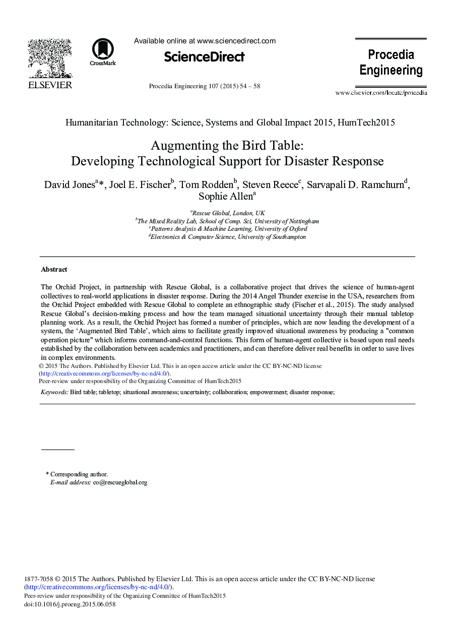 Augmenting the Bird Table: Developing Technological Support for Disaster Response 