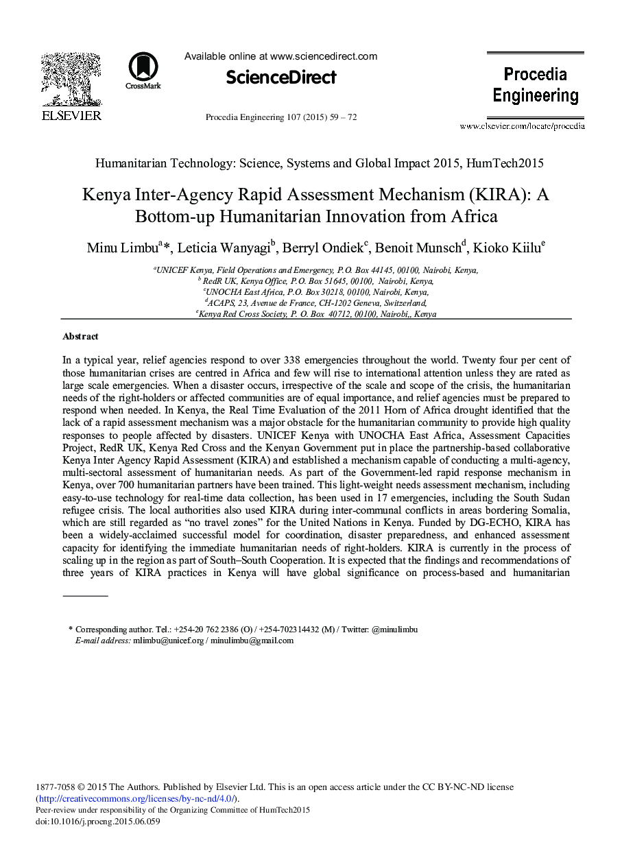 Kenya Inter-agency Rapid Assessment Mechanism (KIRA): A Bottom-up Humanitarian Innovation from Africa 