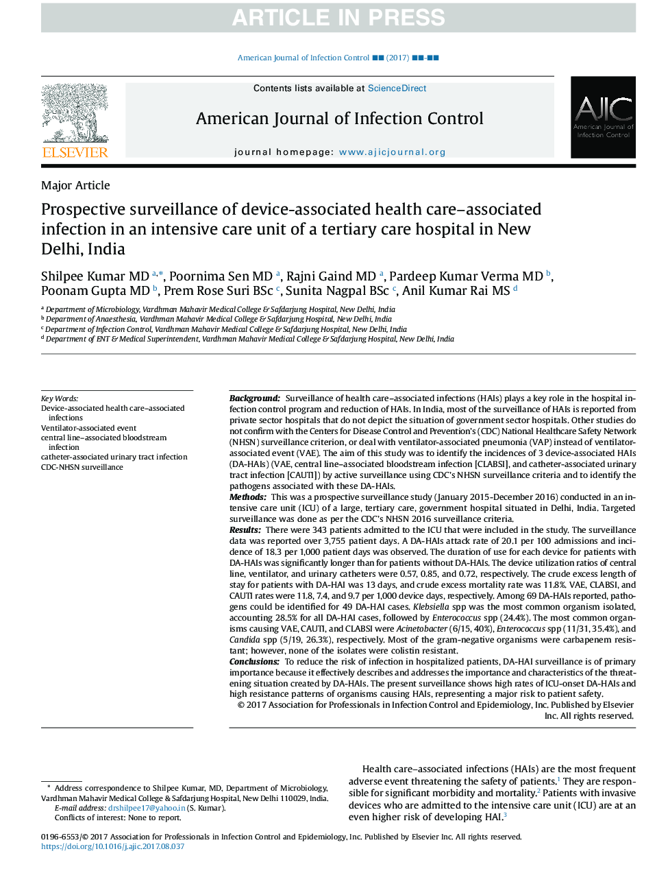 Prospective surveillance of device-associated health care-associated infection in an intensive care unit of a tertiary care hospital in New Delhi, India