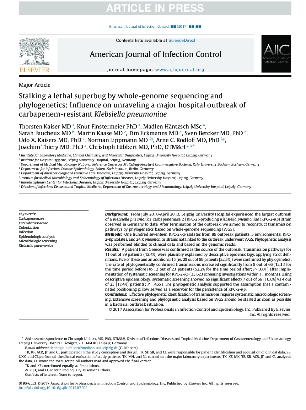 Stalking a lethal superbug by whole-genome sequencing and phylogenetics: Influence on unraveling a major hospital outbreak of carbapenem-resistant Klebsiella pneumoniae