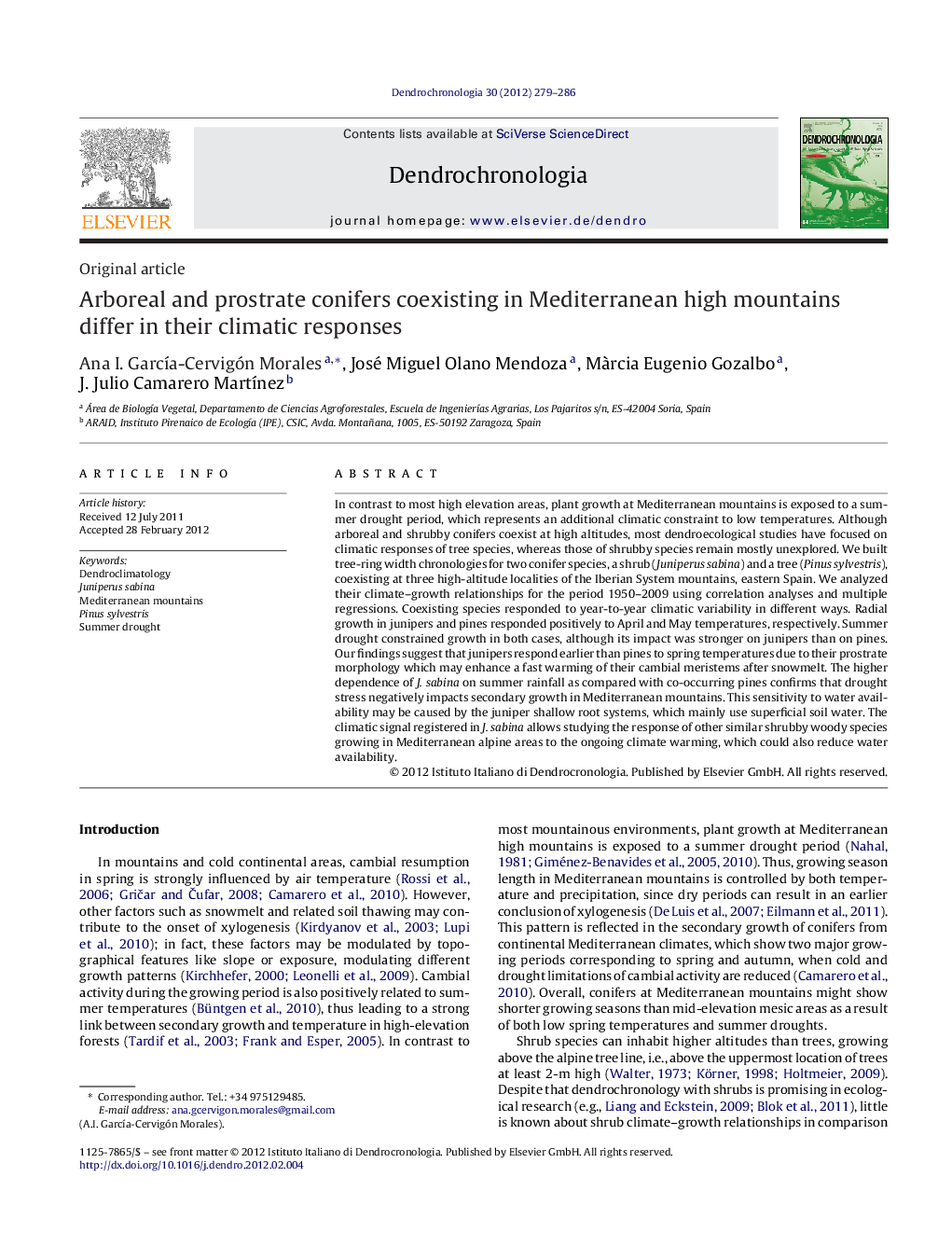 Arboreal and prostrate conifers coexisting in Mediterranean high mountains differ in their climatic responses