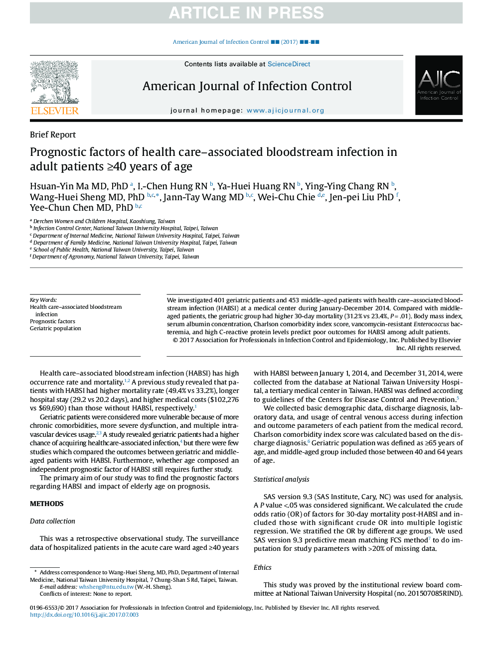 Prognostic factors of health care-associated bloodstream infection in adult patients â¥40 years of age