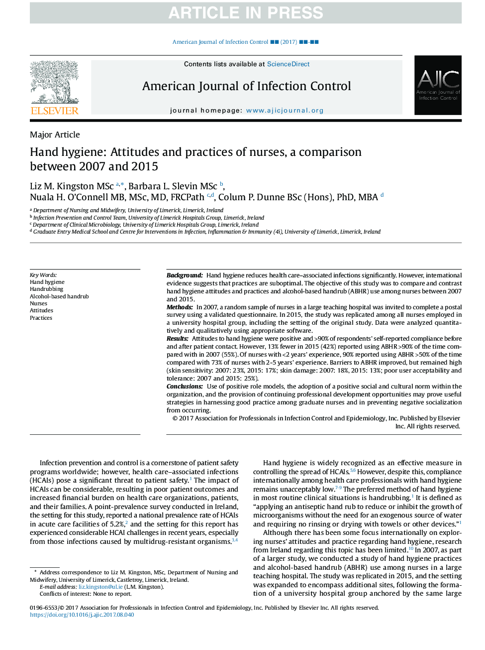 Hand hygiene: Attitudes and practices of nurses, a comparison between 2007 and 2015