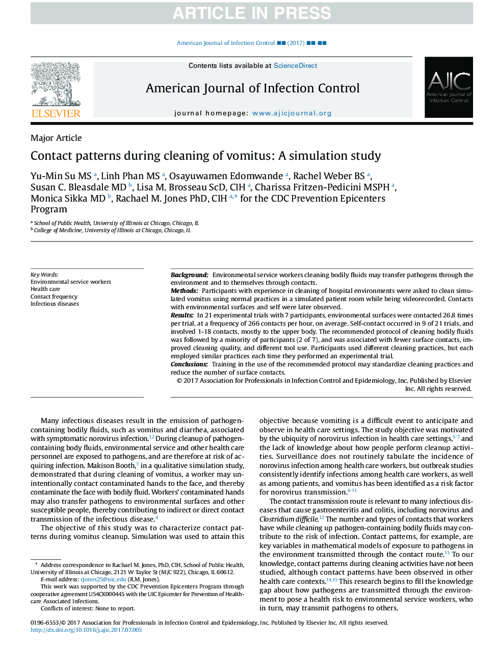 Contact patterns during cleaning of vomitus: A simulation study