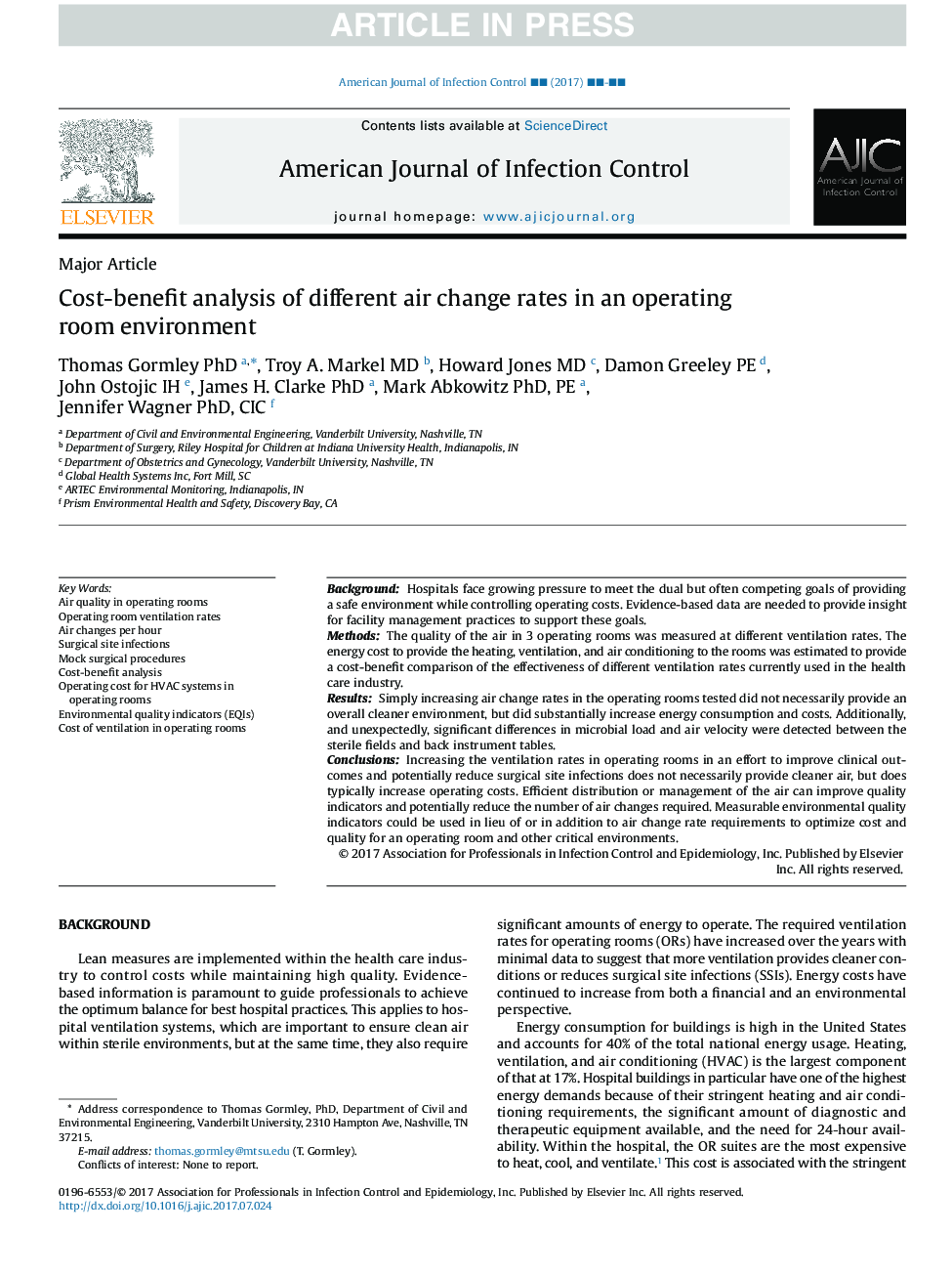 Cost-benefit analysis of different air change rates in an operating room environment