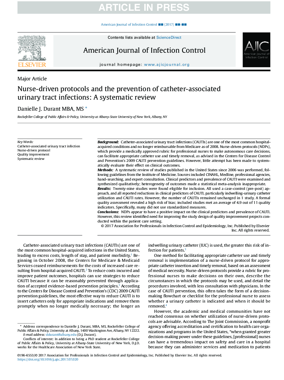 Nurse-driven protocols and the prevention of catheter-associated urinary tract infections: A systematic review