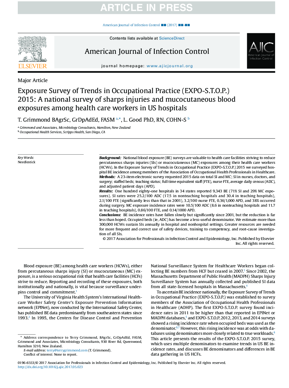 Exposure Survey of Trends in Occupational Practice (EXPO-S.T.O.P.) 2015: A national survey of sharps injuries and mucocutaneous blood exposures among health care workers in US hospitals