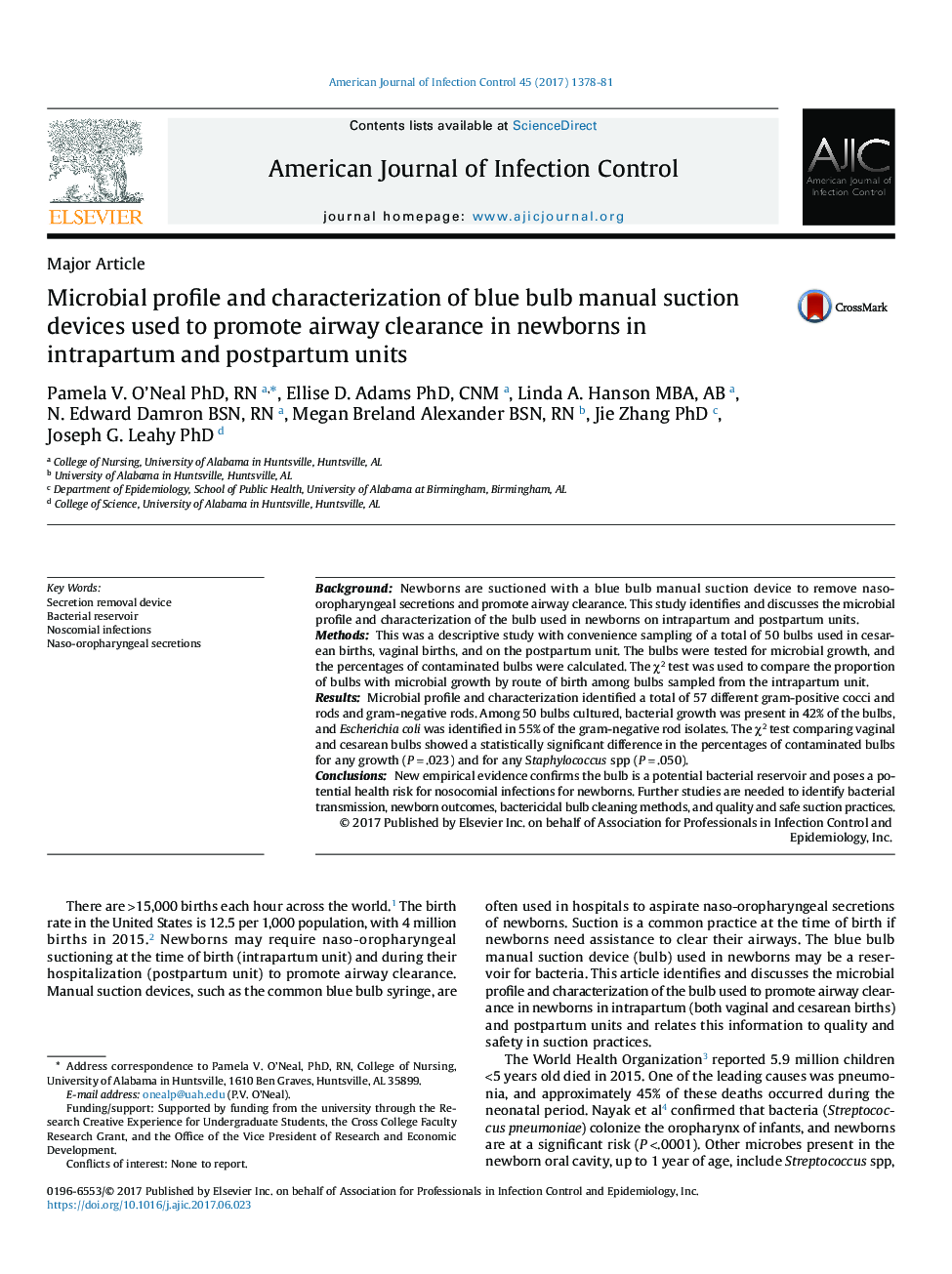 Microbial profile and characterization of blue bulb manual suction devices used to promote airway clearance in newborns in intrapartum and postpartum units