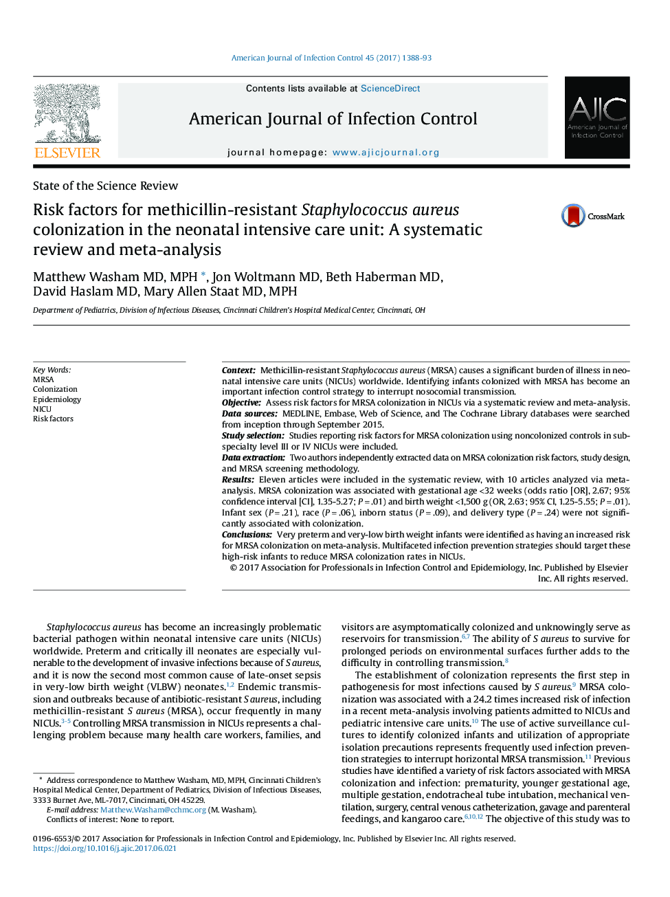 Risk factors for methicillin-resistant Staphylococcus aureus colonization in the neonatal intensive care unit: A systematic review and meta-analysis