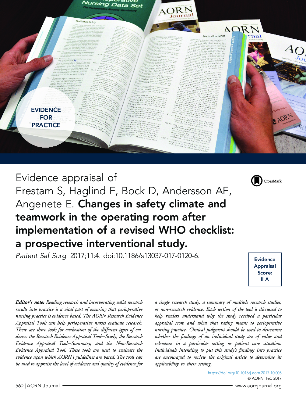 Evidence appraisal of Erestam S, Haglind E, Bock D, Andersson AE, Angenete E. Changes in safety climate and teamwork in the operating room after implementation of a revised WHO checklist: a prospective interventional study.