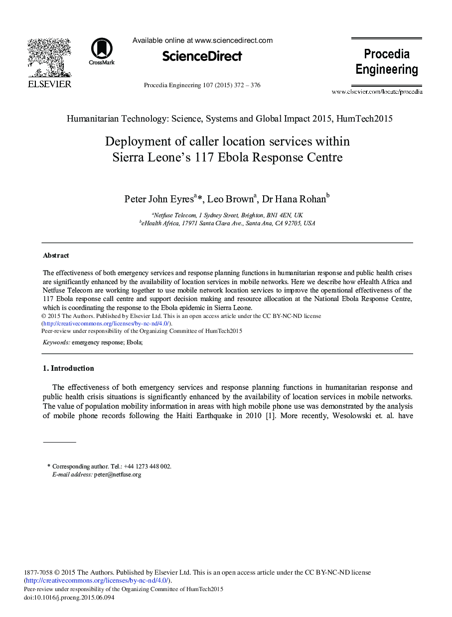 Deployment of Caller Location Services within Sierra Leone's 117 Ebola Response Centre 