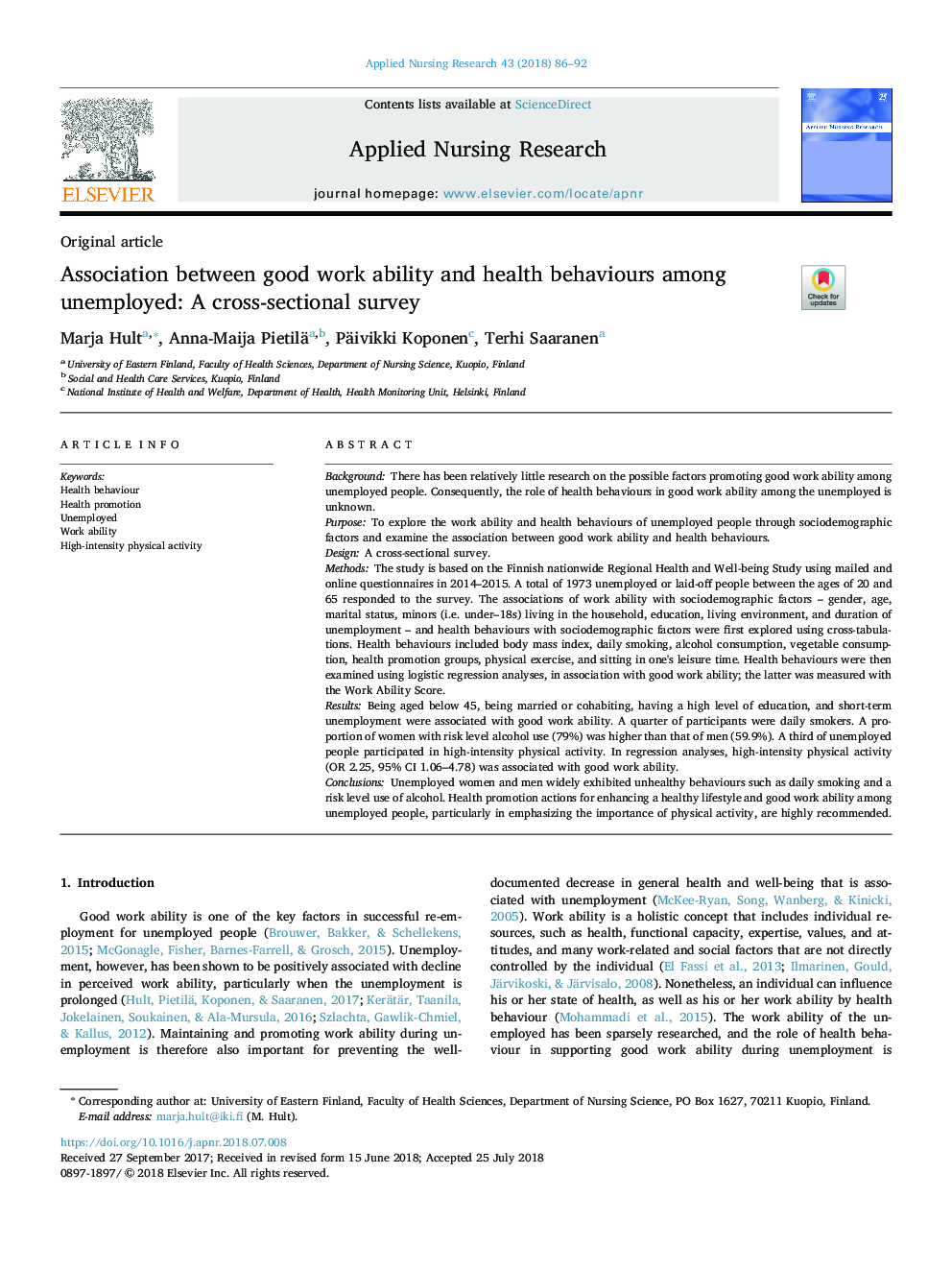 Association between good work ability and health behaviours among unemployed: A cross-sectional survey