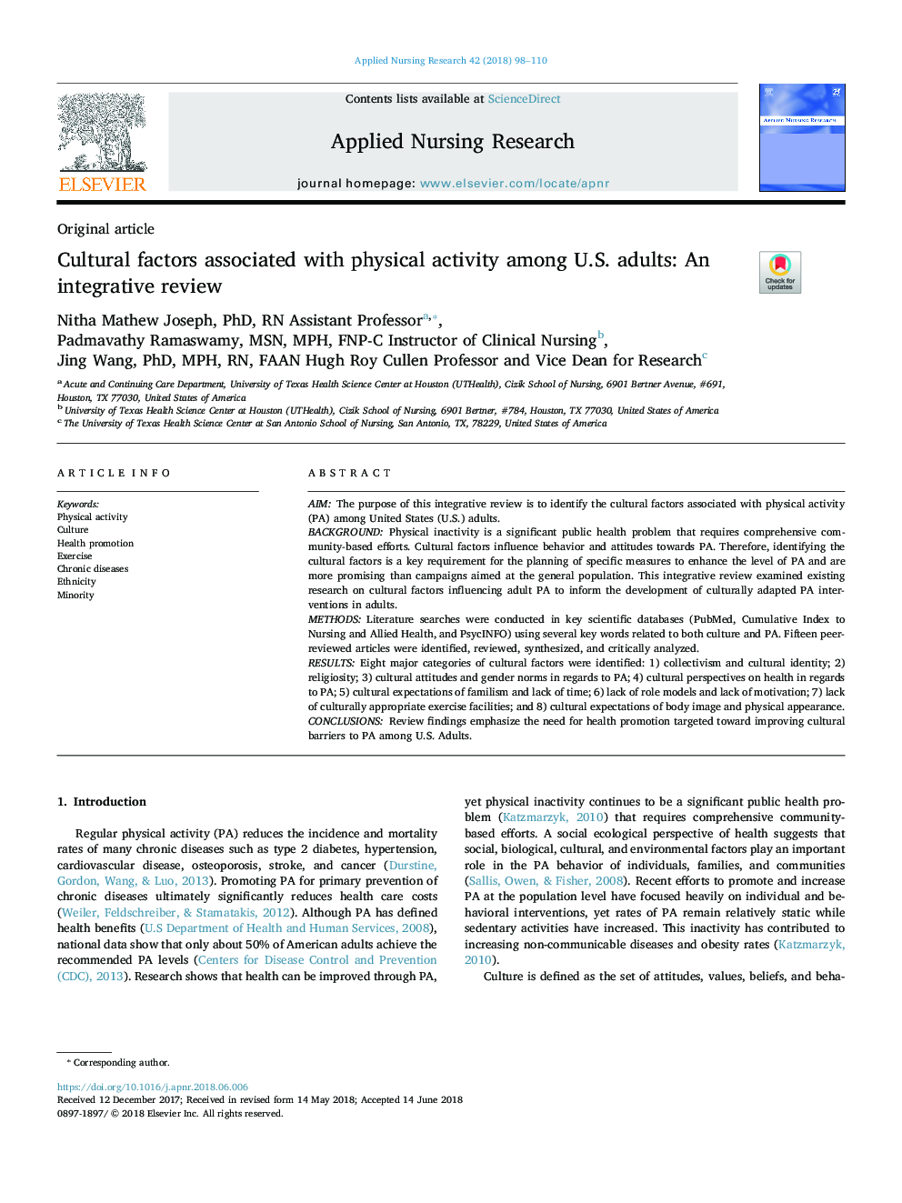 Cultural factors associated with physical activity among U.S. adults: An integrative review