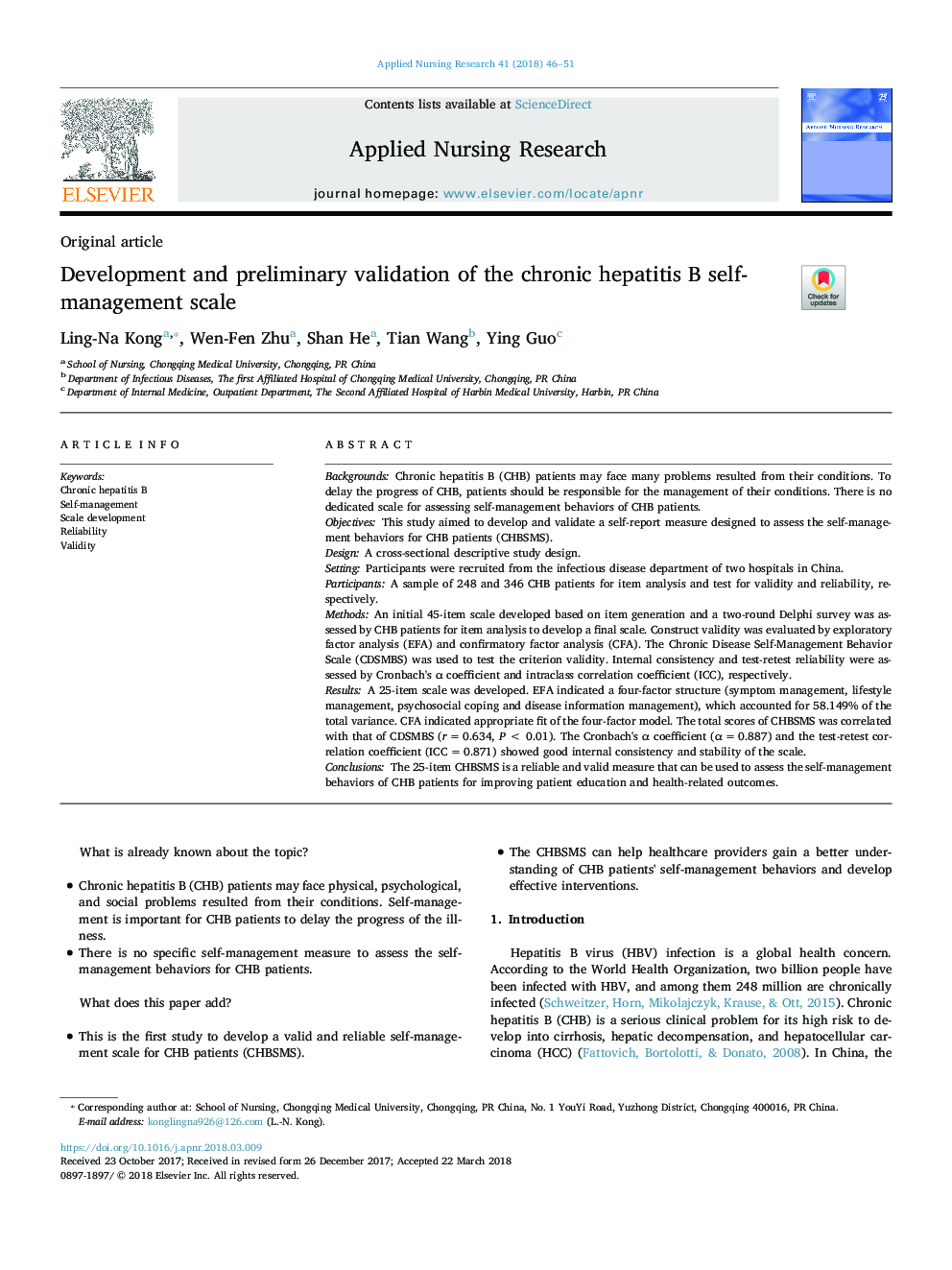 Development and preliminary validation of the chronic hepatitis B self-management scale