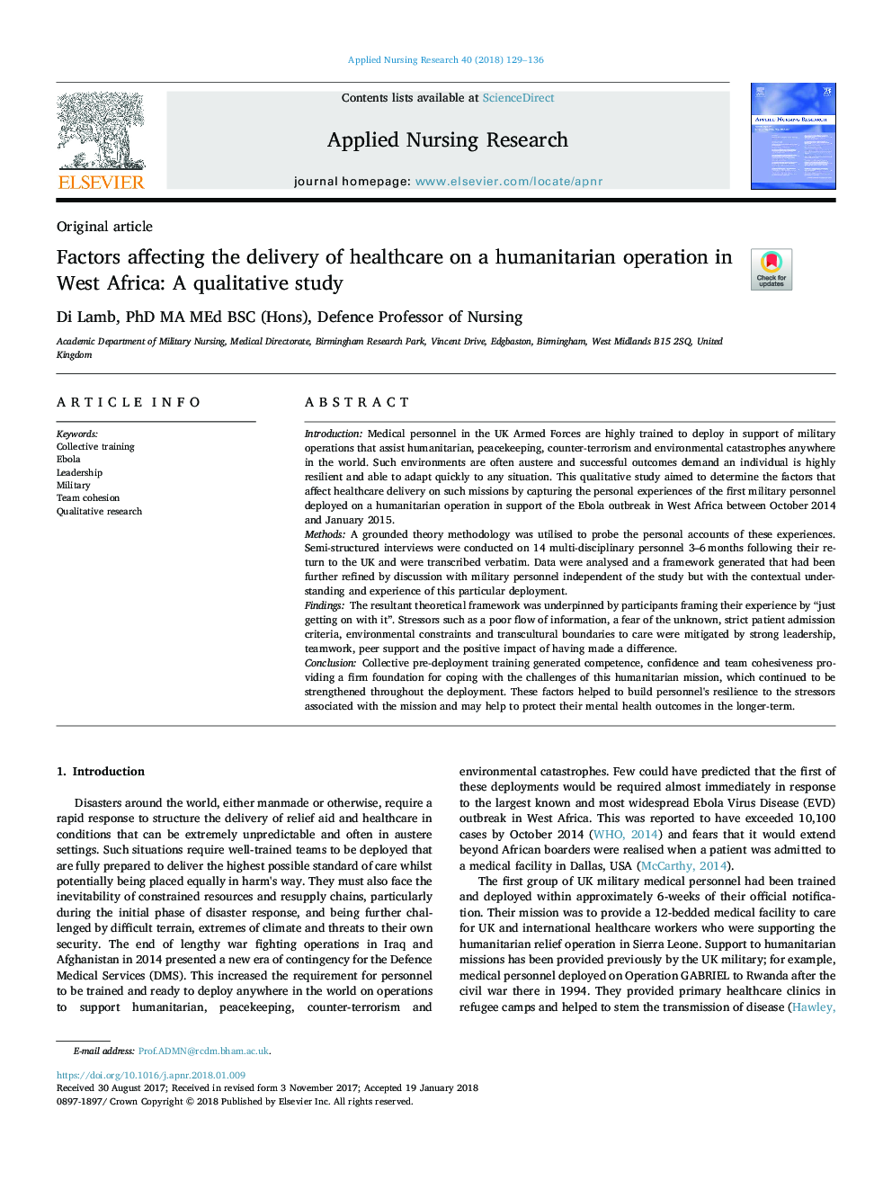 Factors affecting the delivery of healthcare on a humanitarian operation in West Africa: A qualitative study