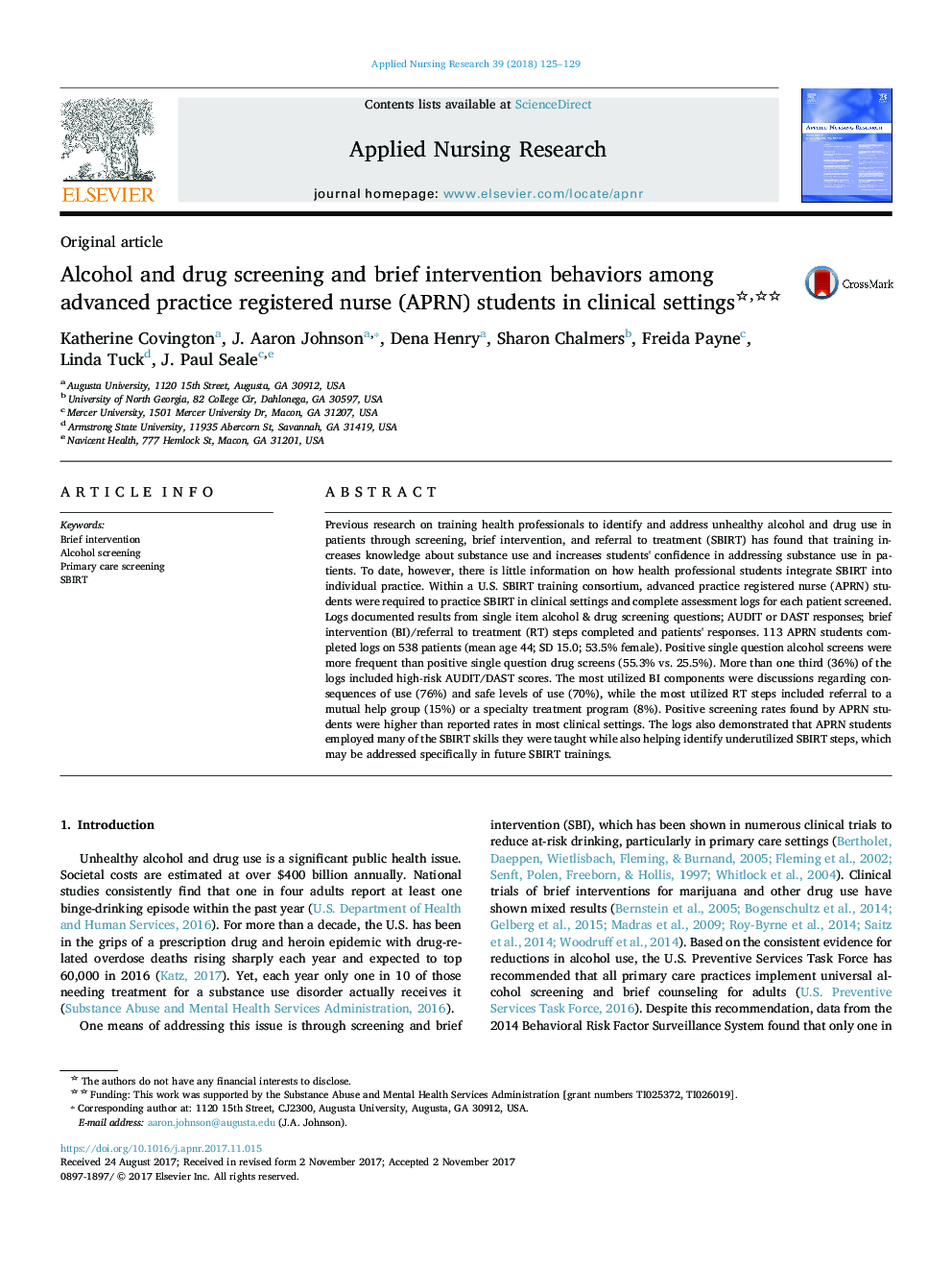 Alcohol and drug screening and brief intervention behaviors among advanced practice registered nurse (APRN) students in clinical settings