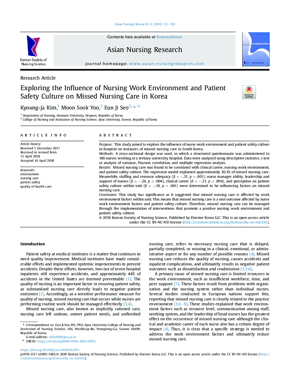 Exploring the Influence of Nursing Work Environment and Patient Safety Culture on Missed Nursing Care in Korea