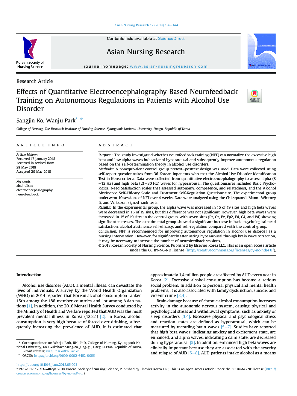 Effects of Quantitative Electroencephalography Based Neurofeedback Training on Autonomous Regulations in Patients with Alcohol Use Disorder