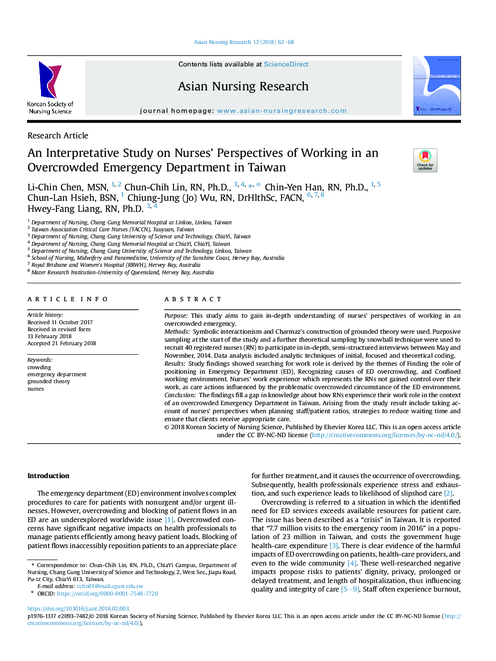 An Interpretative Study on Nurses' Perspectives of Working in an Overcrowded Emergency Department in Taiwan