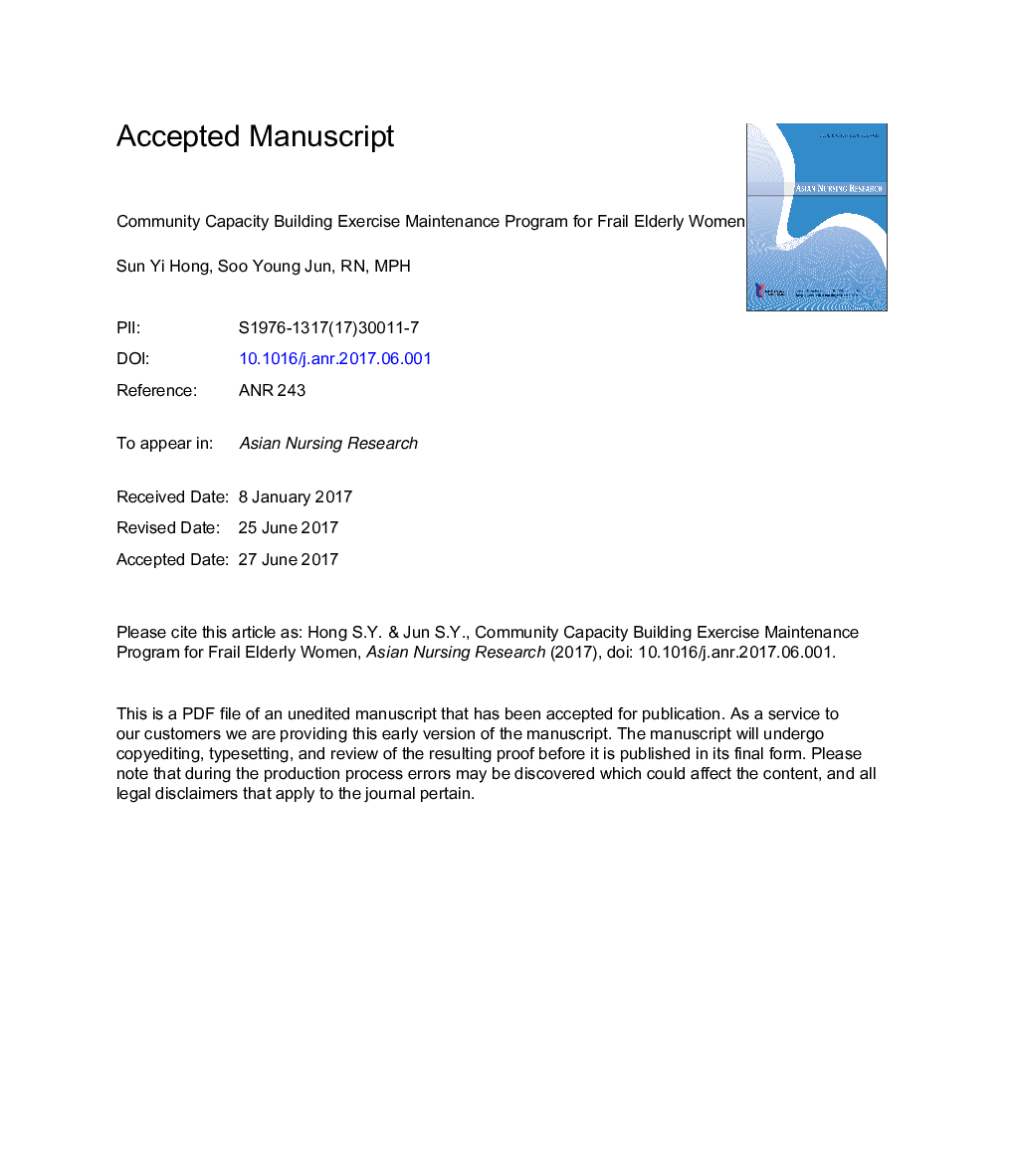 RETRACTED: Community Capacity Building Exercise Maintenance Program for Frail Elderly Women