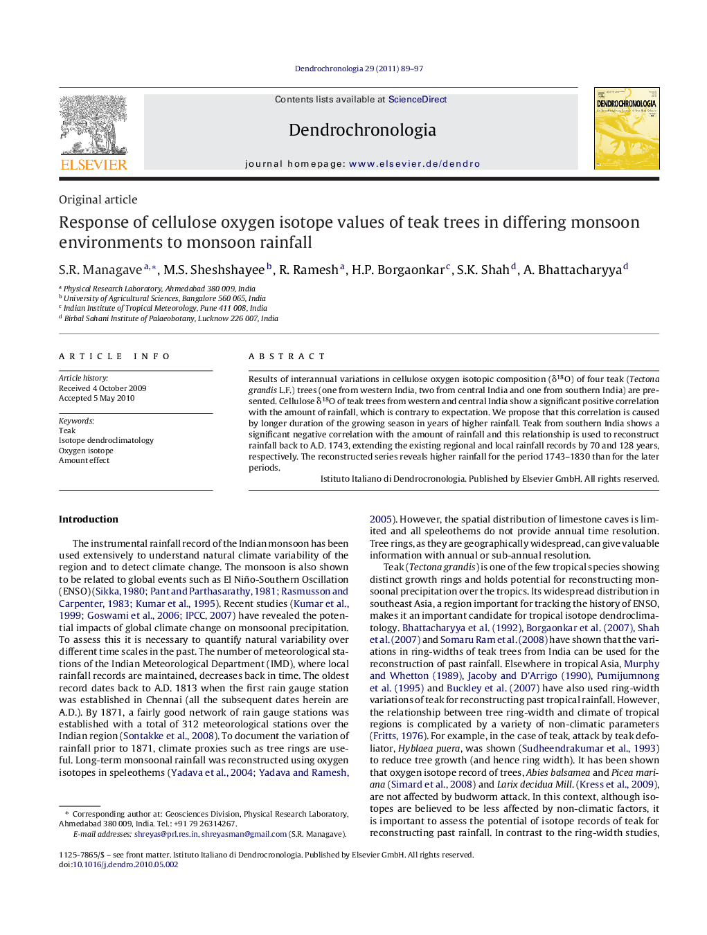 Response of cellulose oxygen isotope values of teak trees in differing monsoon environments to monsoon rainfall